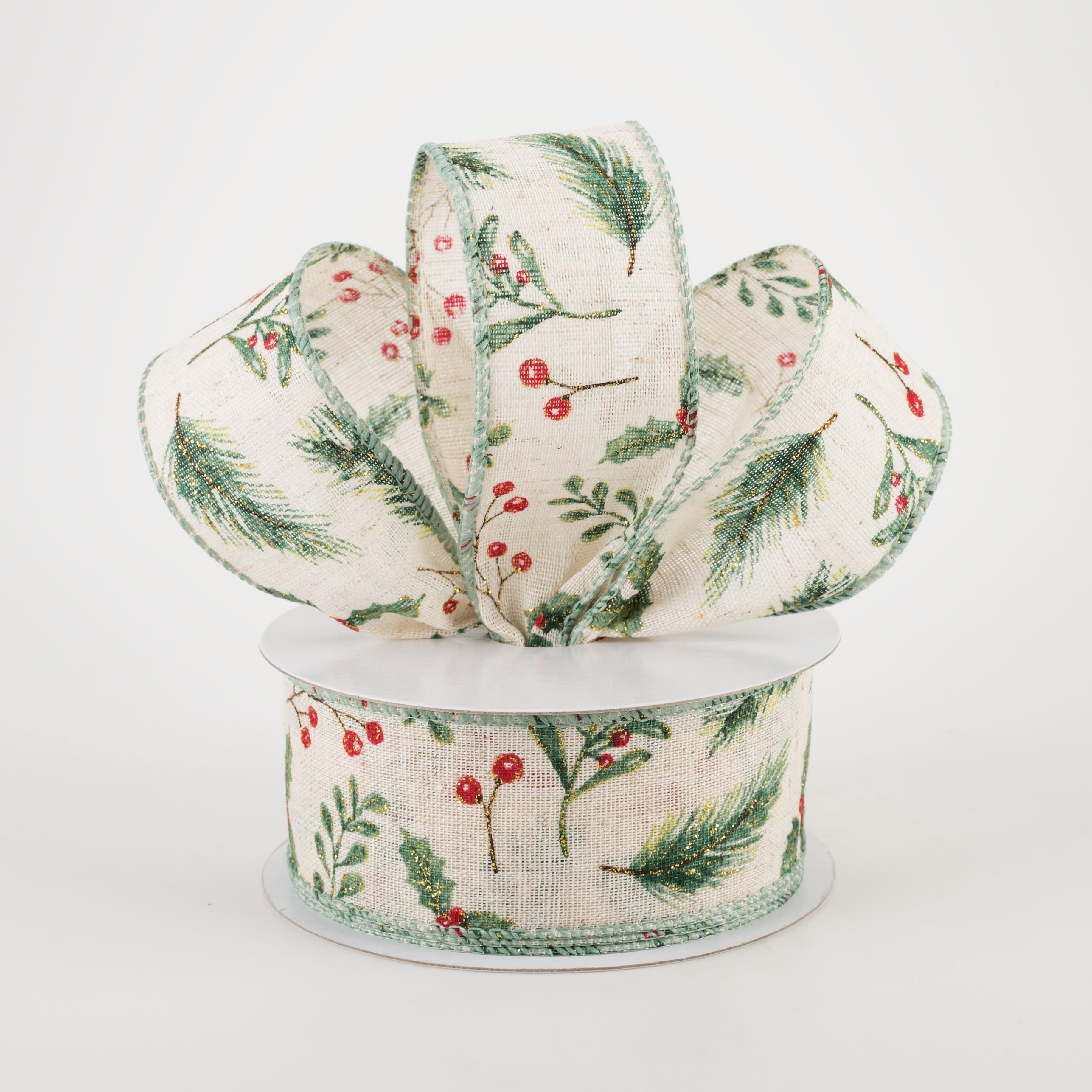 1.5 Inch Holly and Pine Christmas Ribbon - Sage Green Holiday Decor (10 Yards) for Gift Wrapping, Tree Trimming, and Festive DIY Crafts