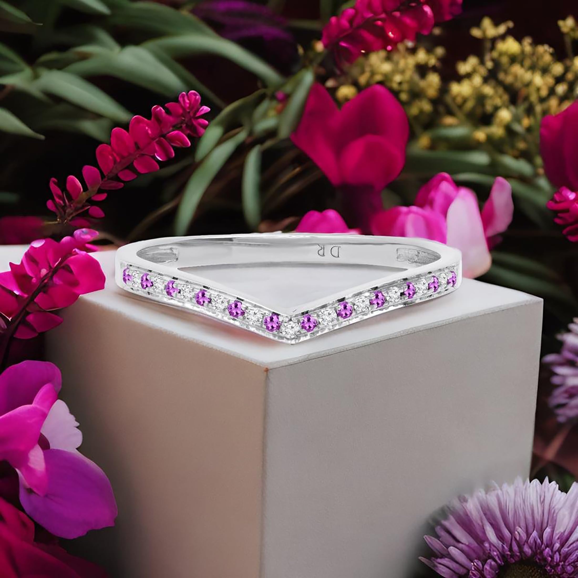 10K Solid White Gold Round Gemstone & Diamond Women's Bridal Wedding Band - Chevron Anniversary Ring for Her | Perfect for Engagement, Proposal, and Special Occasions