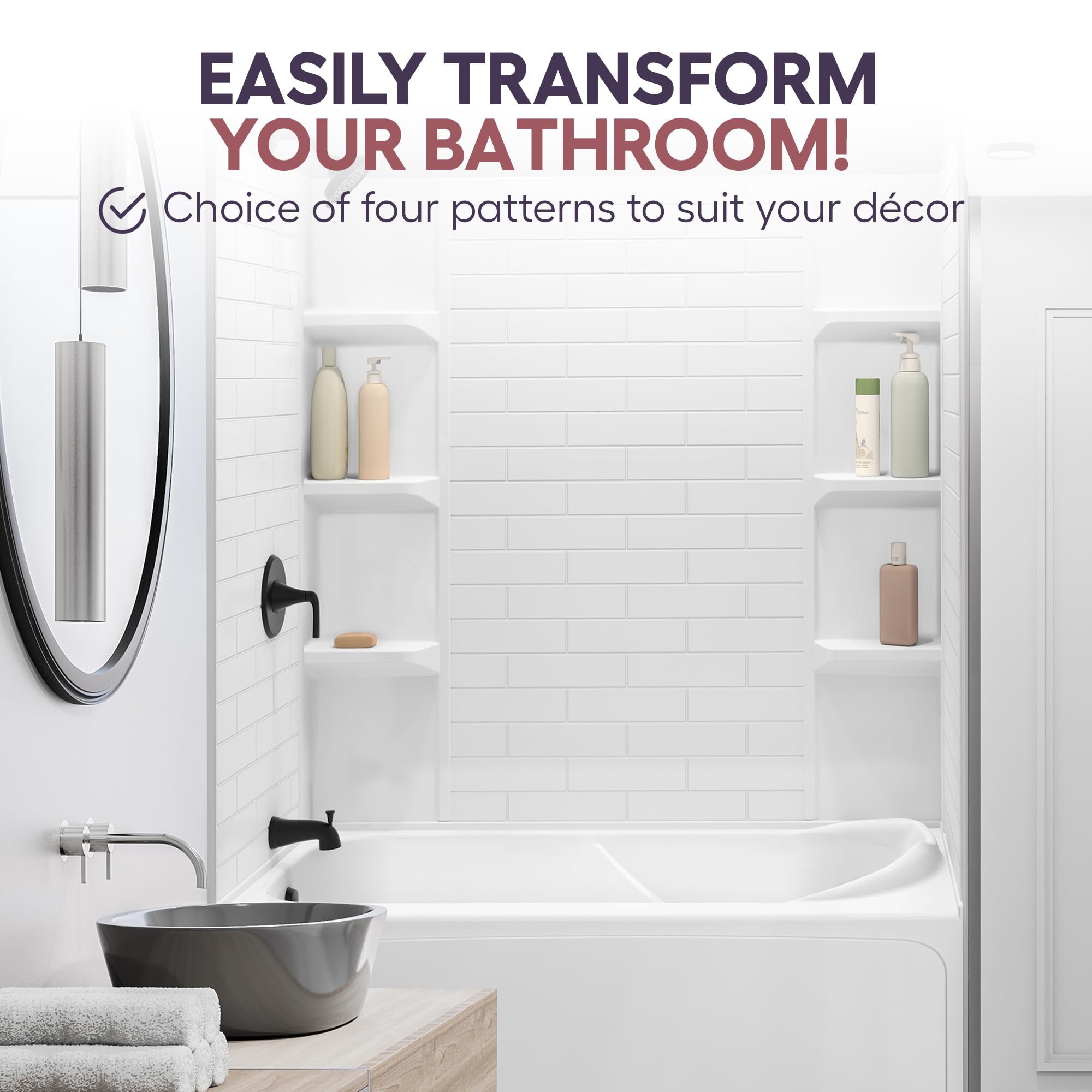 Waterproof Lightweight White Polystyrene Bathtub Wall Surround Panels with Subway Tiles Pattern - Easy-to-Install Kit Includes 2 Shelf Units (58