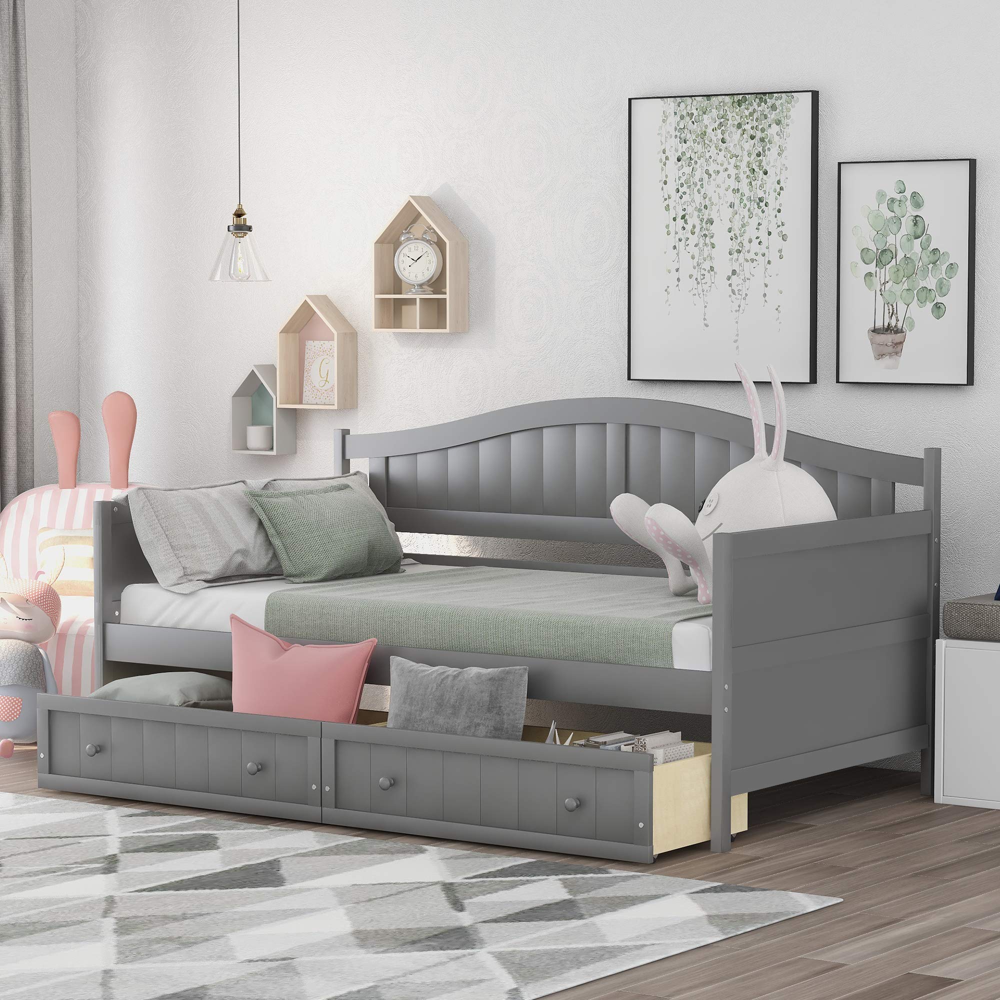 Harper & Bright Designs Twin Daybed with Storage Drawers - Wooden Twin Bed Frame with Drawers, Convertible Sofa Bed for Bedroom & Living Room - No Box Spring Needed - Gray - Perfect for Small Spaces, Guest Rooms & Multi-Functional Furniture Needs