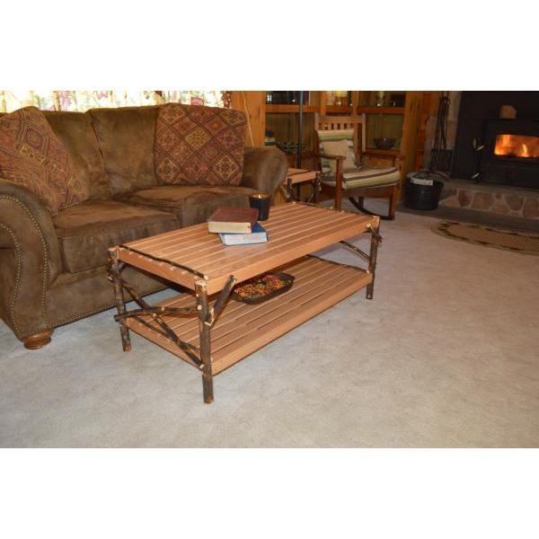 Solid Hickory Wood Coffee Table with Storage Shelf - Rustic Farmhouse Living Room Furniture for Home Decor & Entertainment Areas