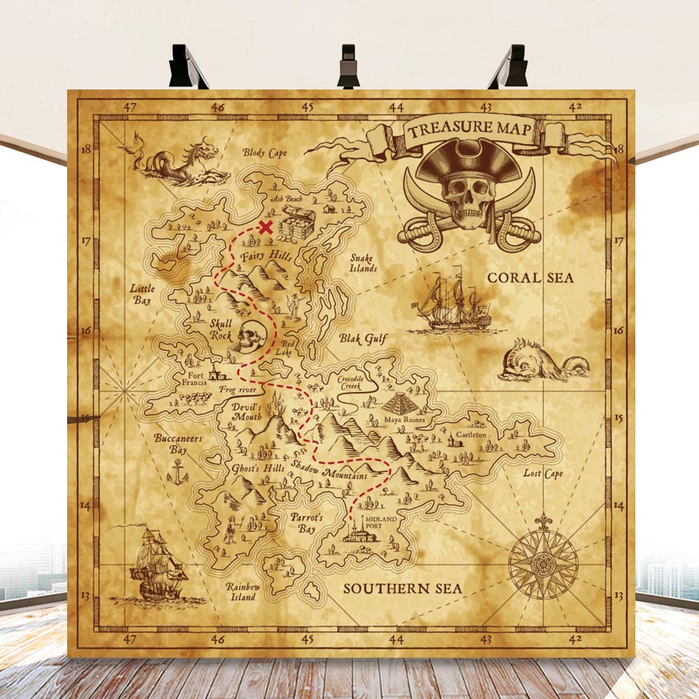 8x8ft Vintage World Map Pirate Backdrop - Polyester Photography Background for Treasure Hunt, Cake Smash 1st Birthday, YouTube Videos & Adventure Themed Parties - Perfect for Boys' Birthday Photos and Travel-Themed Decor