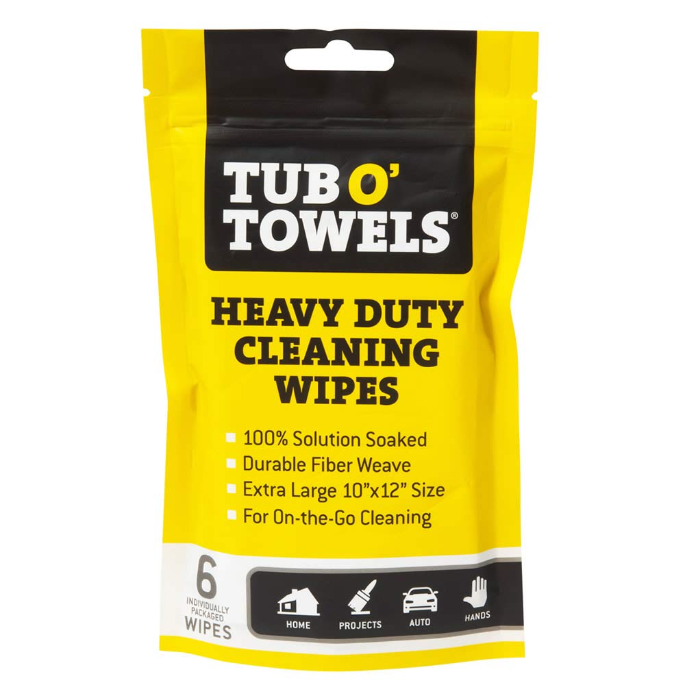 Tub O' Towels Heavy Duty Cleaning Wipes - Individually Wrapped Multi-Surface Disinfectant Wipes (6 Count Pack) for Kitchen, Bathroom & Garage Cleaning