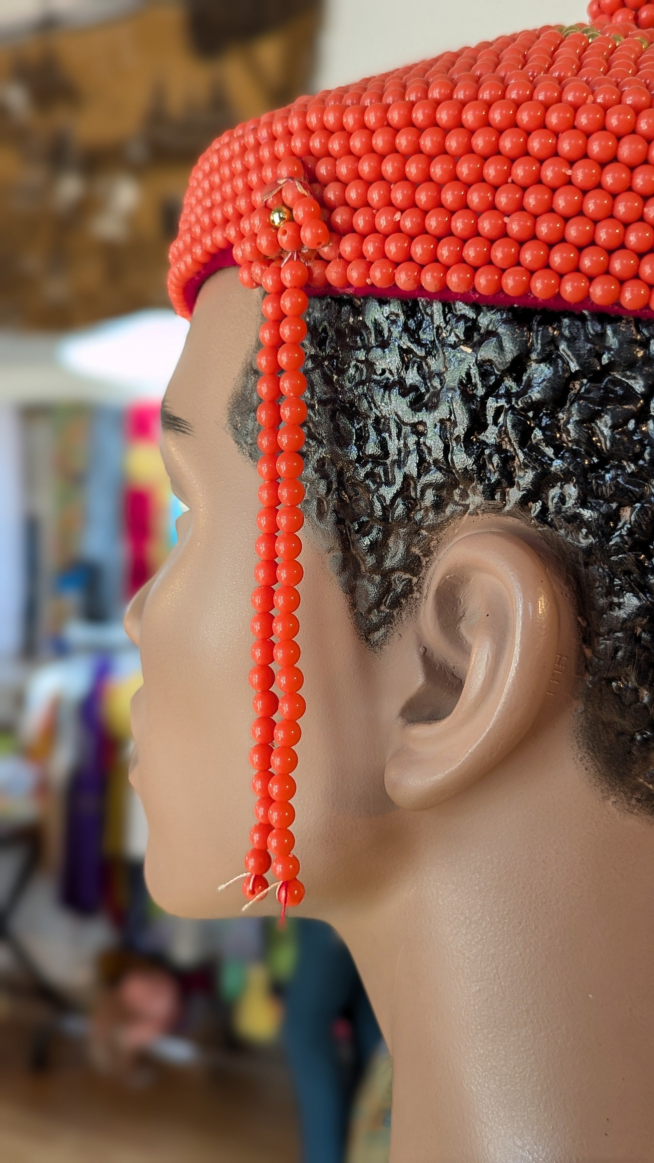 Handmade African Edo Igbo Beaded Crown Hat with Gold Trim - Majestic Orange Tribal Headpiece for Cultural Events, Weddings & Festivals | DPBHOG11