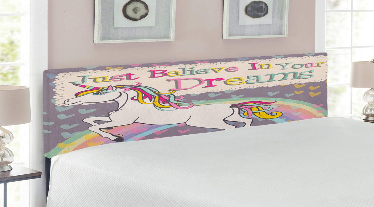 Ambesonne Feminine Headboard - Unicorn 'Believe in Your Dreams' Design, Upholstered Decorative Metal Bed Frame with Memory Foam, King Size, Beige Lilac - Perfect for Girls' Bedroom, Nursery or Fantasy-Themed Decor