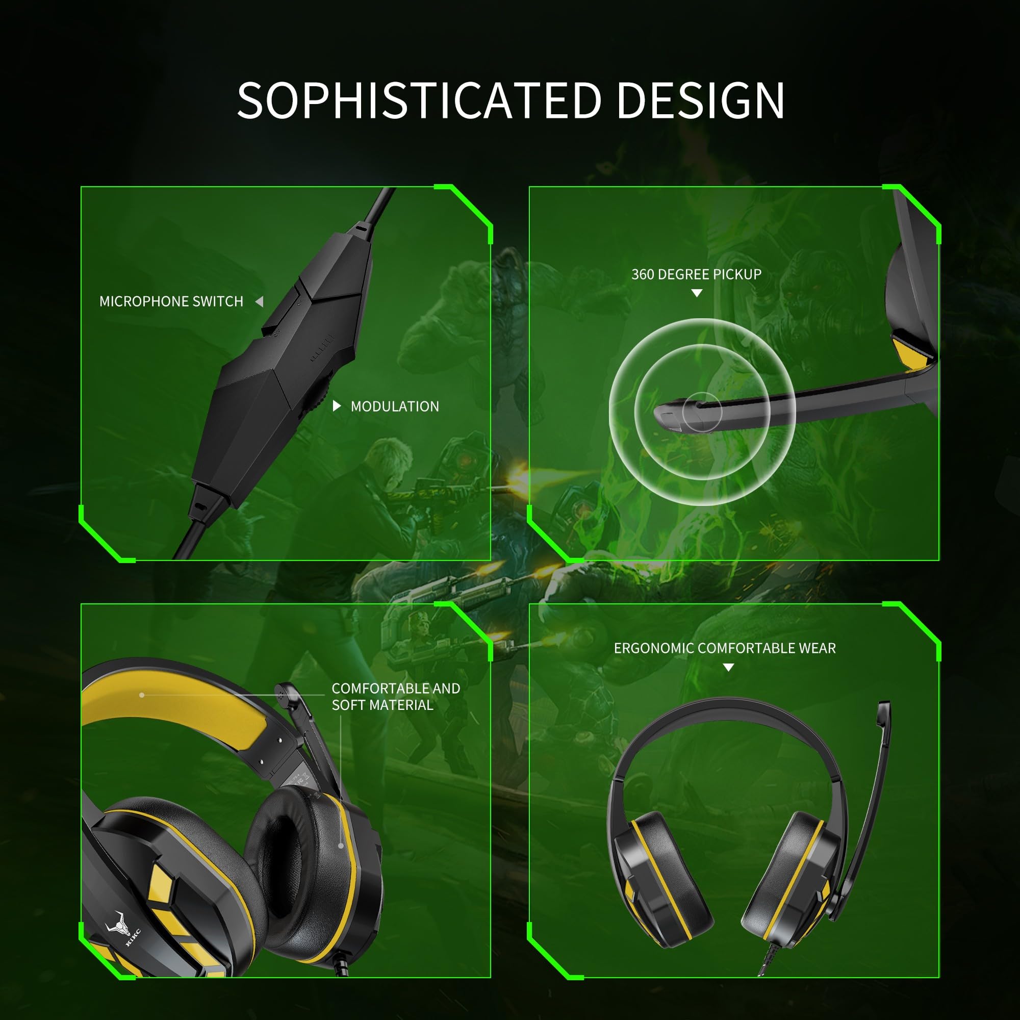 Kikc PS4 Gaming Headset with Microphone - Compatible with Xbox One, PS5, PC, Mobile & Laptop - Adjustable Volume Control & Soft Earmuffs for Kids (Yellow) - Perfect for Online Gaming, Streaming & Virtual Classrooms
