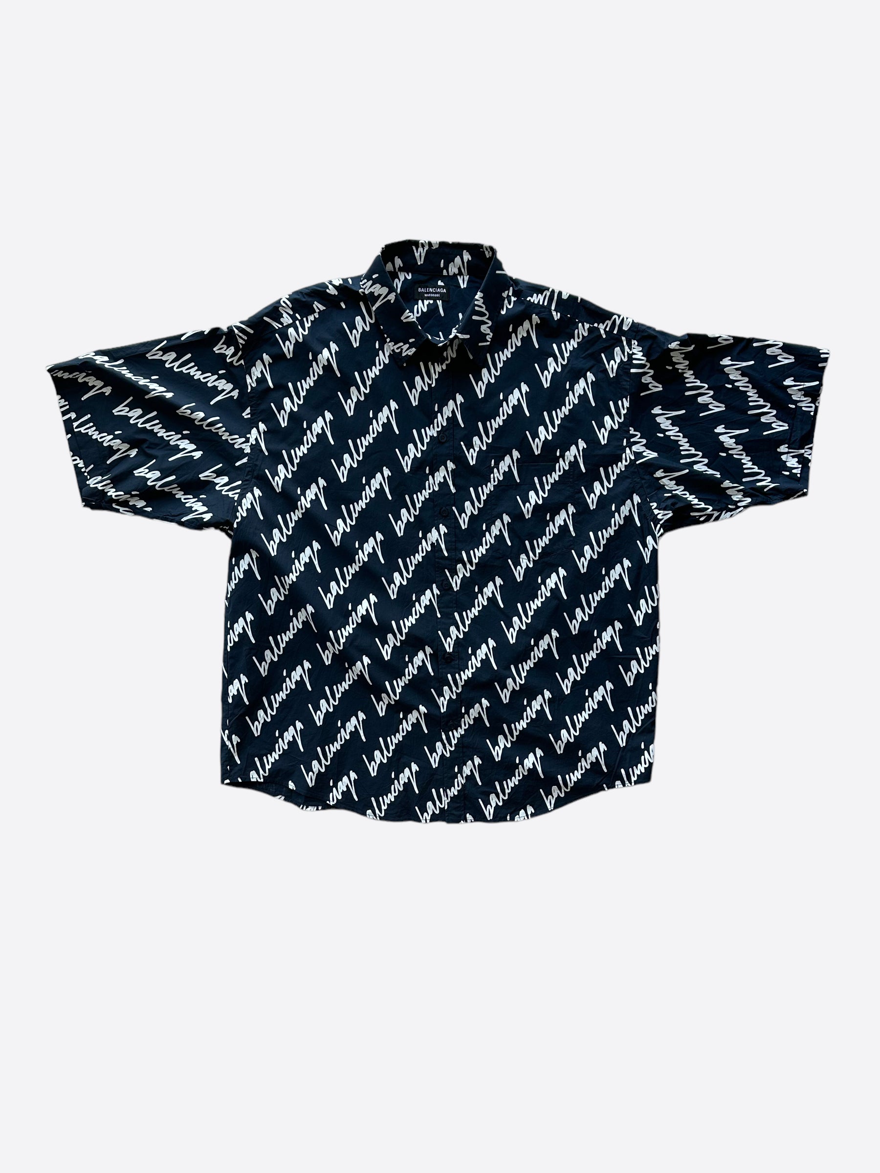 Balenciaga Navy & White Script Logo Button Up Shirt for Men - Stylish Casual & Office Wear - Perfect for Business Meetings, Dates & Social Events