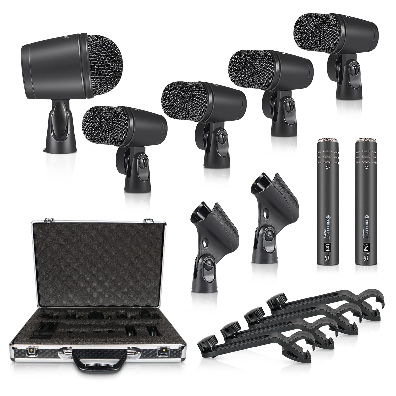 Phenyx Pro PTD-10 7-Piece Drum Microphone Kit - Full Metal Dynamic Mic Set for Bass, Tom, Snare & Hi-Hat Cymbals - Includes Carrying Case, Holders & Threaded Clips - Perfect for Live Performances, Studio Recording & Drum Practice