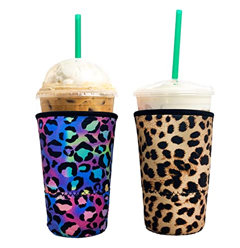Baxendale Neoprene Iced Coffee Sleeve 2 Pack - Large 32oz Reusable Insulated Cup Holder - Animal Print Design for Cold Drinks - Perfect for Iced Coffee, Smoothies & Bubble Tea at Home, Office or Travel
