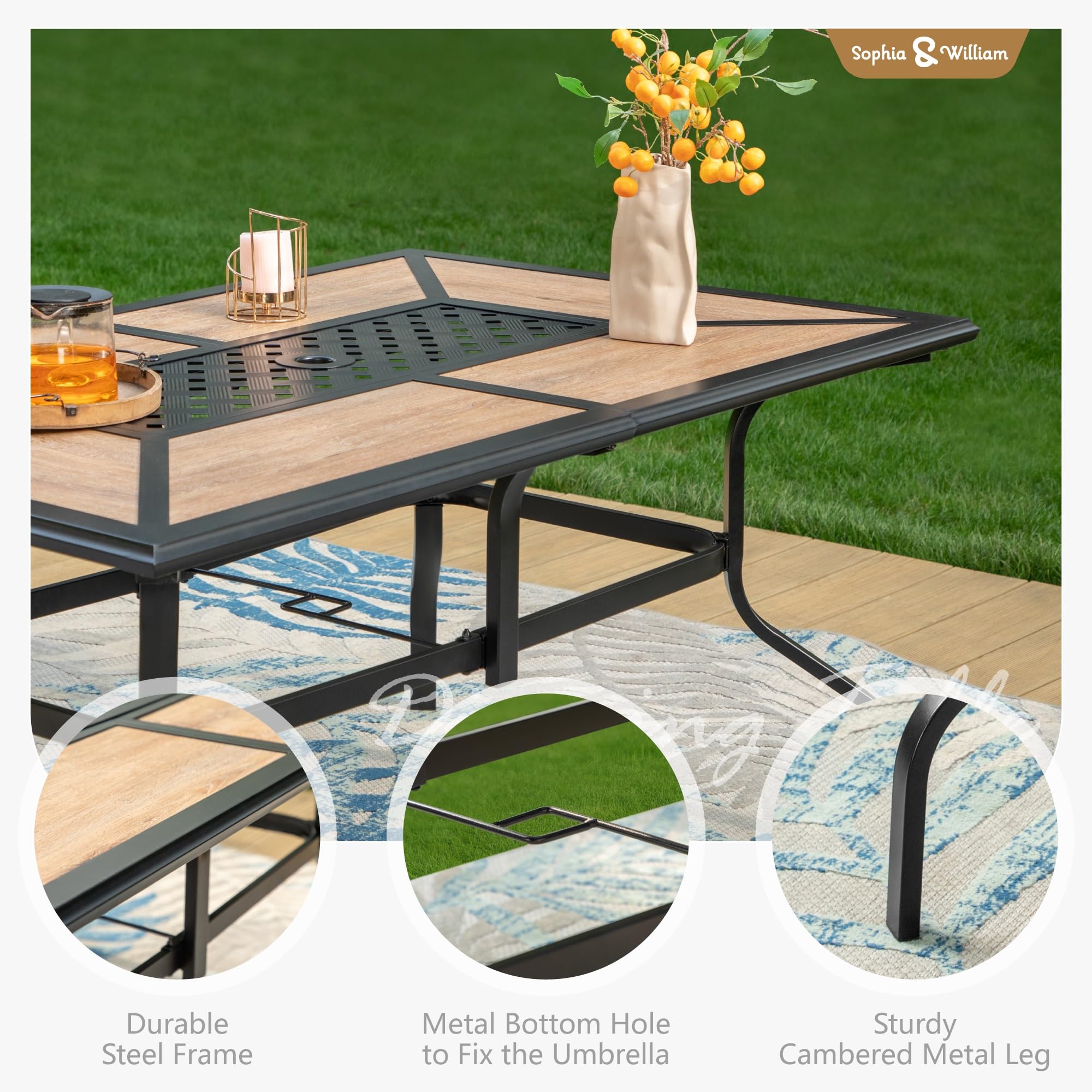 Sophia & William 6-Person Rectangular Outdoor Dining Table with Adjustable Umbrella Hole (1.6