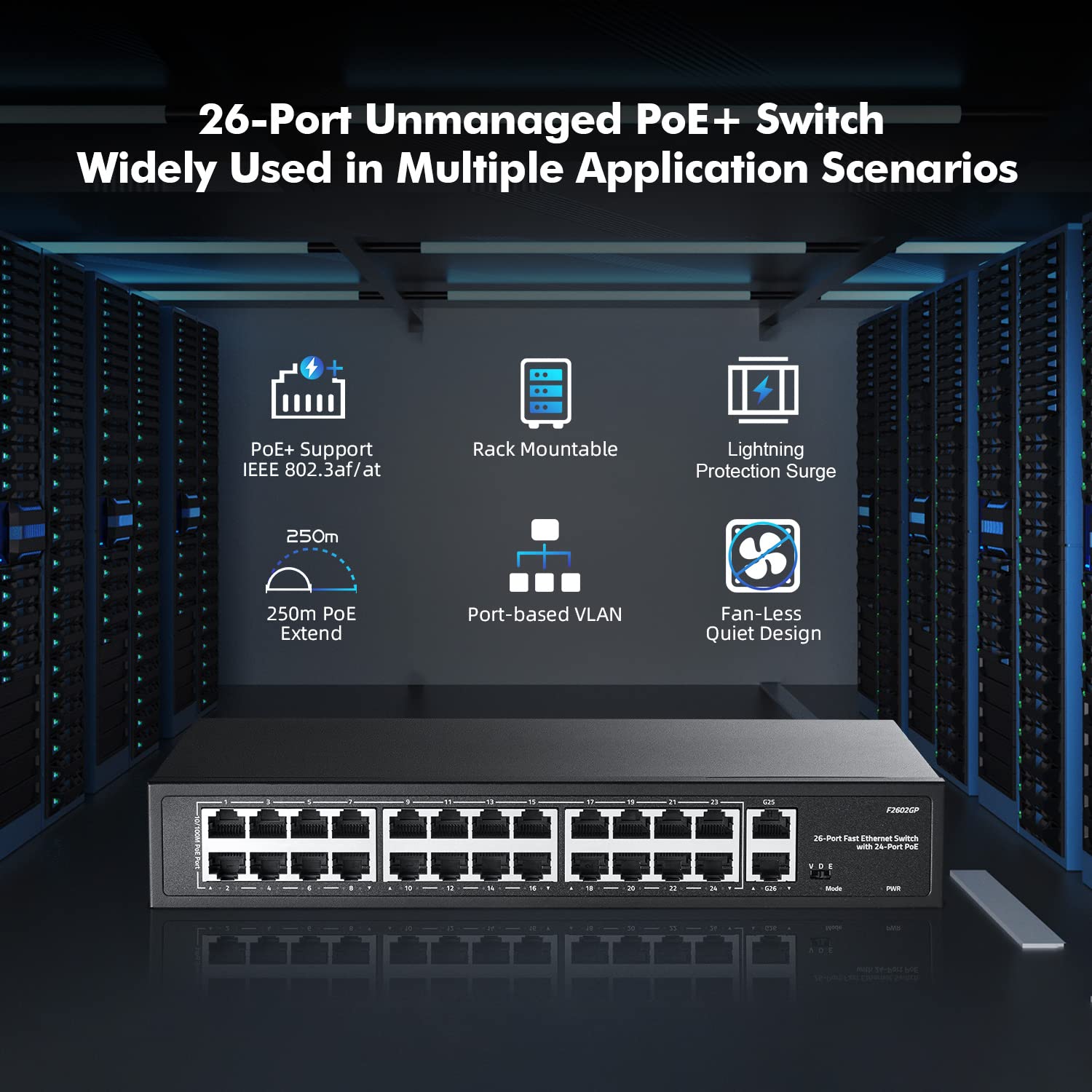 24 Port PoE Switch with 10/100Mbps PoE+ Ports & 2 Gigabit Uplinks - IEEE802.3af/at Compliant, 300W Power Budget, VLAN Support, 250m PoE Extend - Fanless Rackmount Unmanaged Ethernet Switch for Office Network, Security Camera System & Smart Home Setup