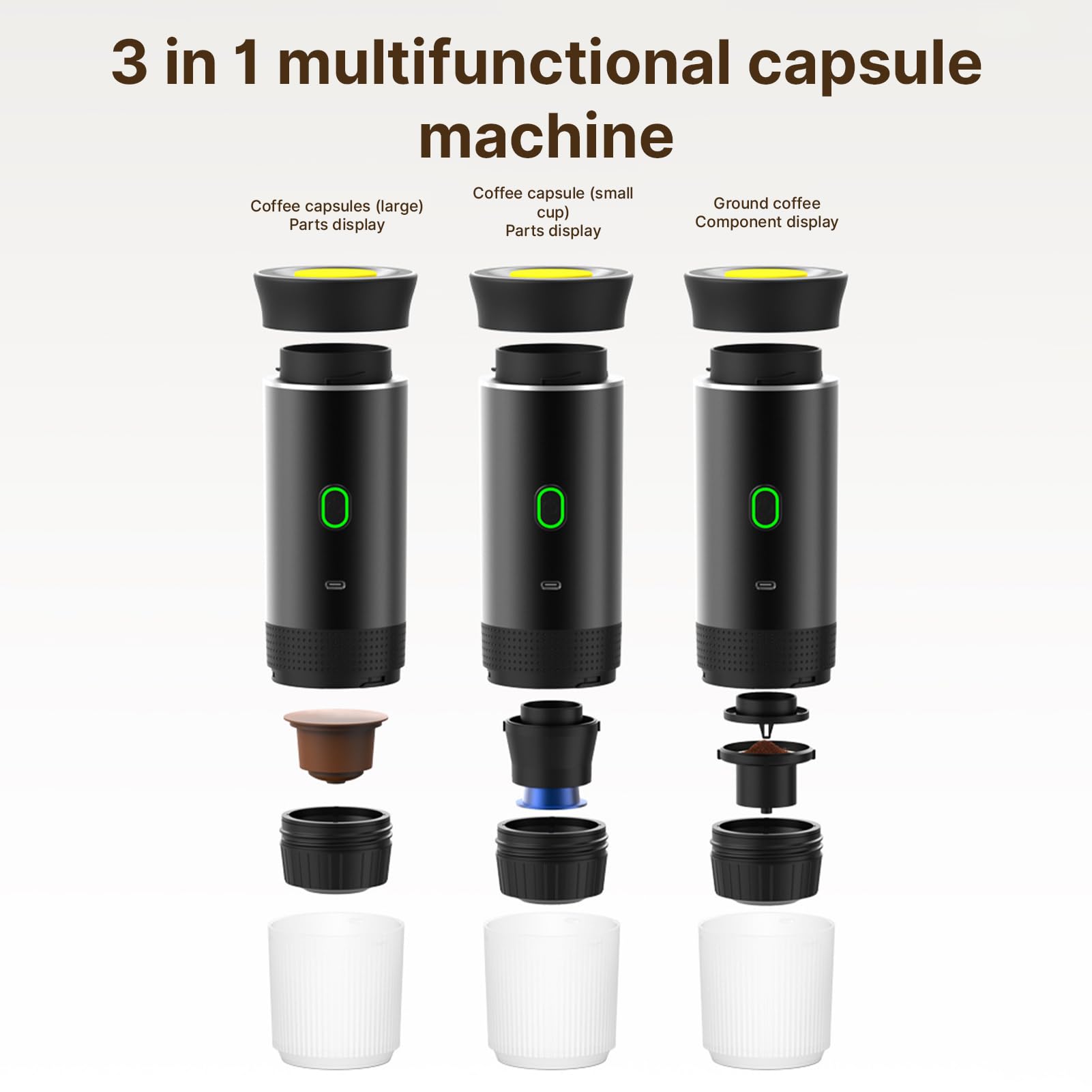 Irishom 3-in-1 Portable Coffee Maker - Cordless, Works with Capsules & Ground Coffee for Home & Office Use