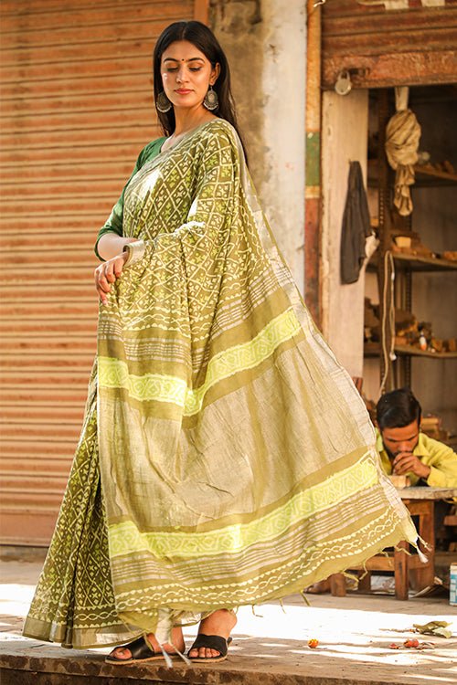CREDENCE KASHISH DABU Handblock Print Slub Cotton Saree - Elegant Indian Traditional Wear for Weddings & Festivals