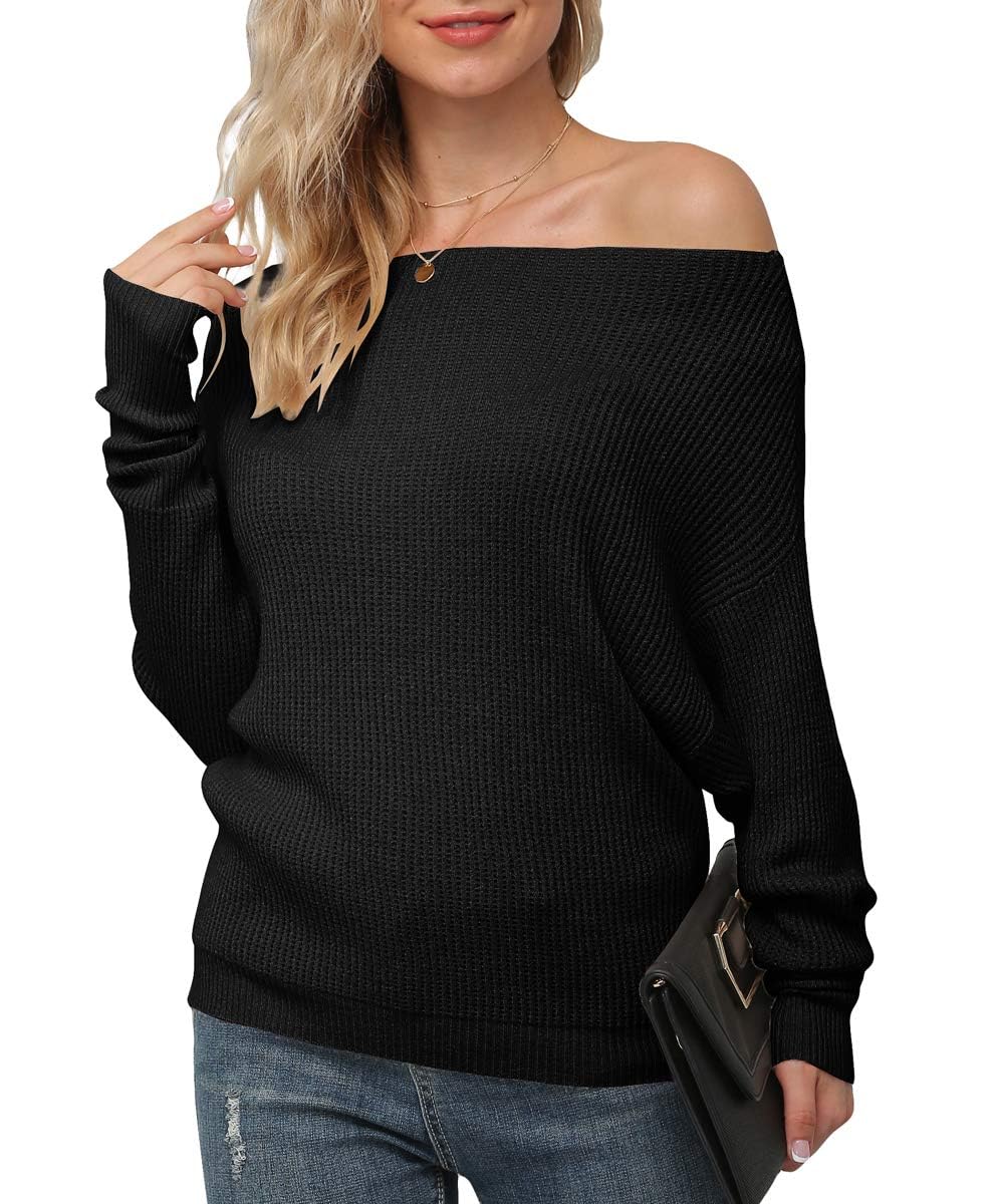 IWOLLENCE Women's Off Shoulder Waffle Knit Sweater - Long Sleeve Loose Batwing Pullover Casual Blouse for Fall & Winter | Perfect for Date Nights, Office Wear and Weekend Outfits