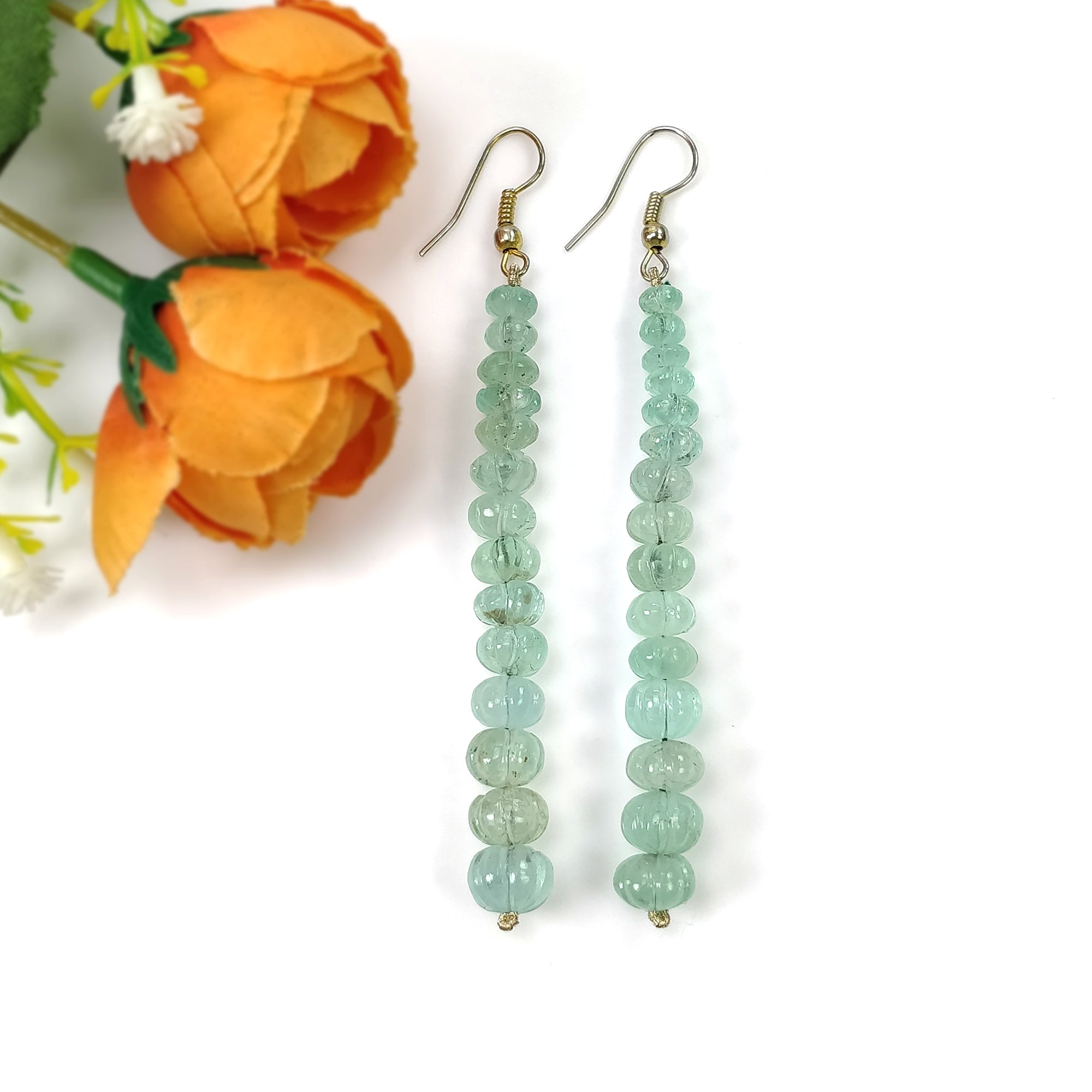 Natural Untreated Emerald Gemstone 925 Sterling Silver Beaded Hook Earrings - 50.10gms with 3.30ct Melon Beads | Elegant Jewelry for Women, Perfect for Weddings, Parties & Special Occasions