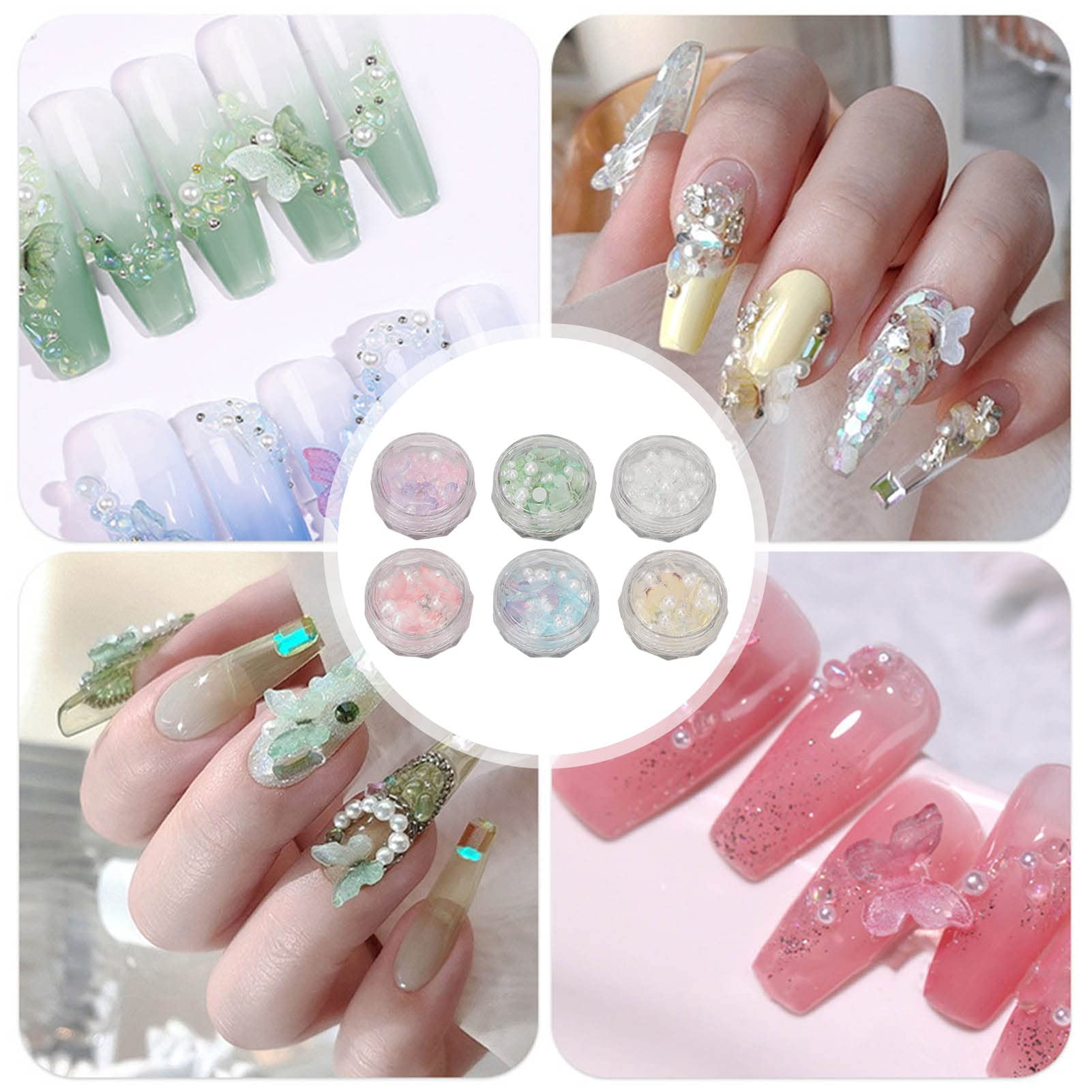 3D Resin Butterfly Nail Art Decorations Set - 6 Boxes of Exquisite Faux Pearl & Rhinestone Nail Decor for Wedding, Party & Special Occasion Nail Designs