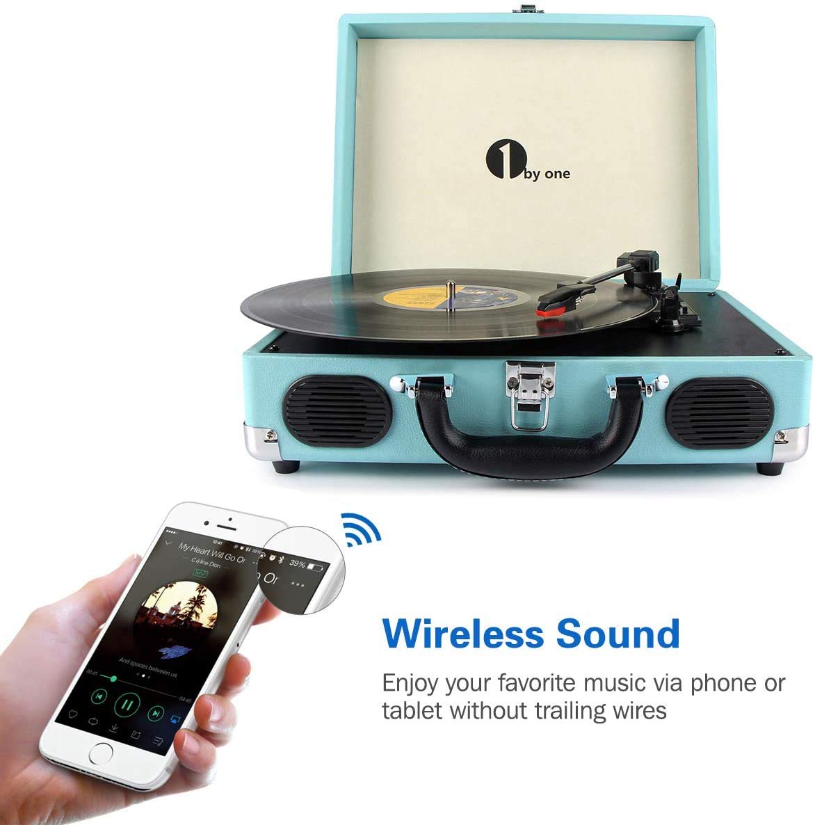 1 BY ONE Belt-Drive Bluetooth Record Player - 3-Speed Portable Vinyl Turntable with Built-in Speakers, RCA Output & Headphone Jack, MP3 & Mobile Phone Music Playback, Turquoise - Perfect for Home, Office, and Party Use