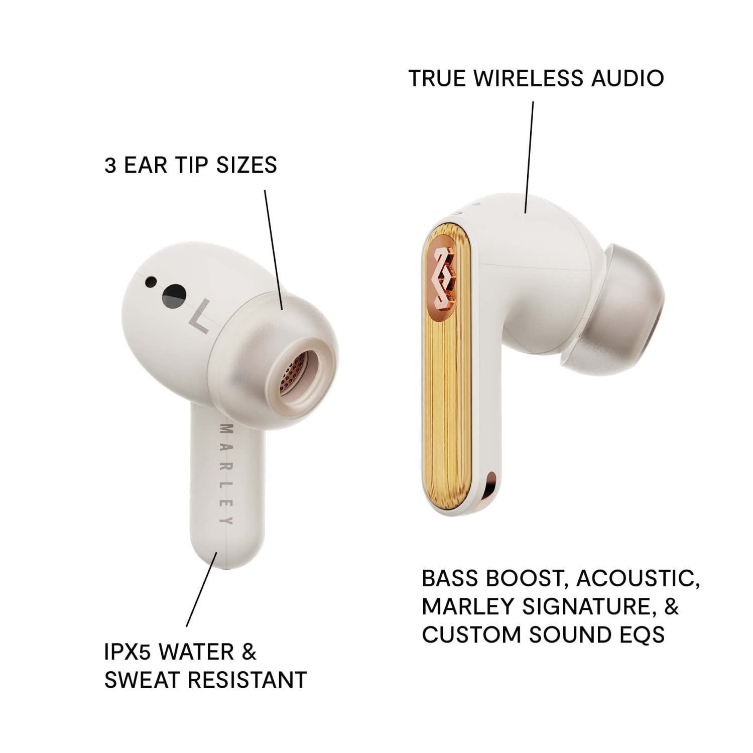 House Of Marley Redemption ANC 2 Wireless Earbuds with Active Noise Cancelling - IPX5 Waterproof True Wireless Bluetooth Earbuds, 24H Battery Life, Touch Control, Built-in Mic, USB-C Charging Case (Cream) | Perfect for Travel, Workouts & Commuting