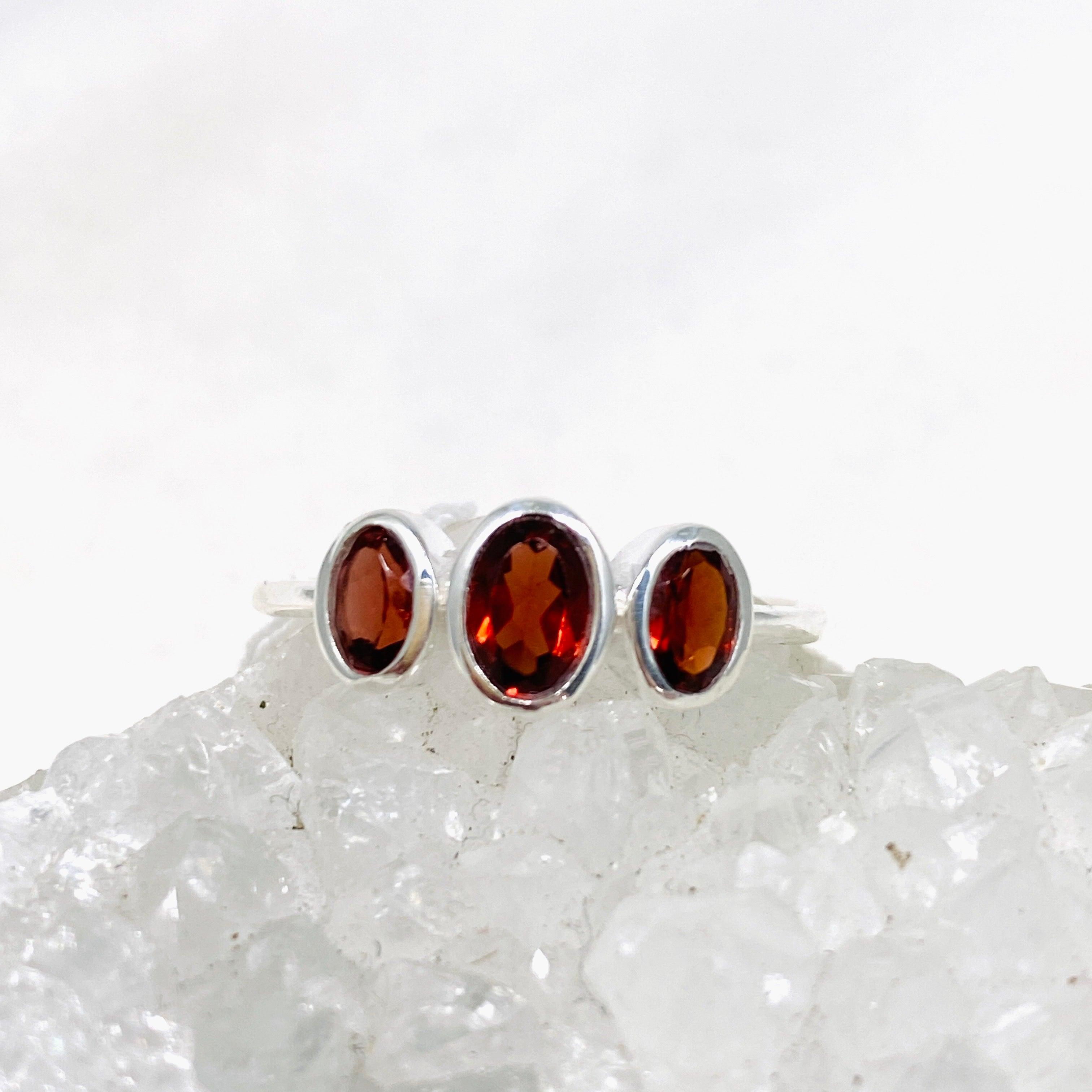Garnet Triple Stone Faceted Ring R3956 | Genuine Garnet Jewelry for Women | Perfect for Weddings, Anniversaries & Gift Giving