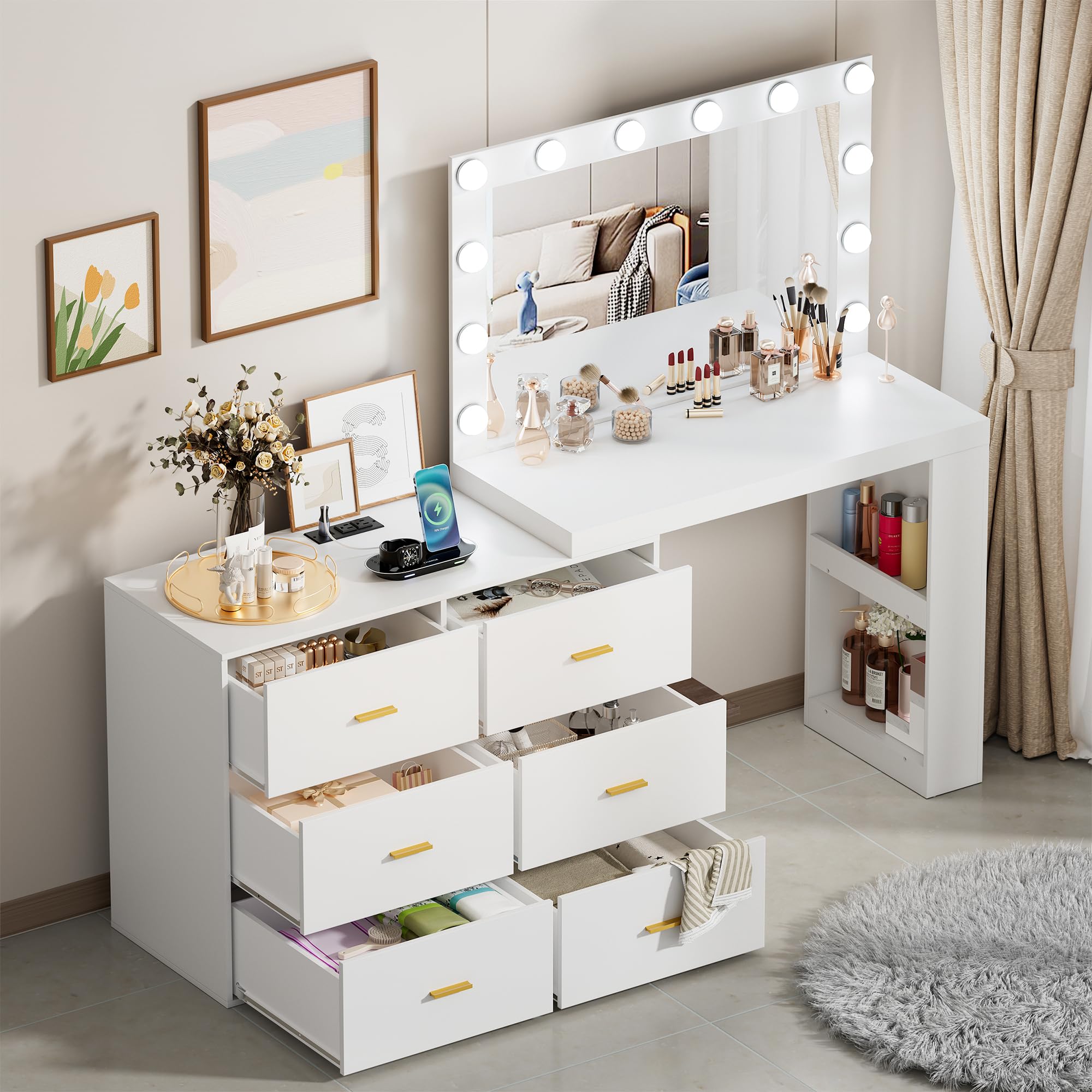PakaLife Vanity Desk with Mirror, Lights & Charging - 6 Drawers for Bedroom Makeup