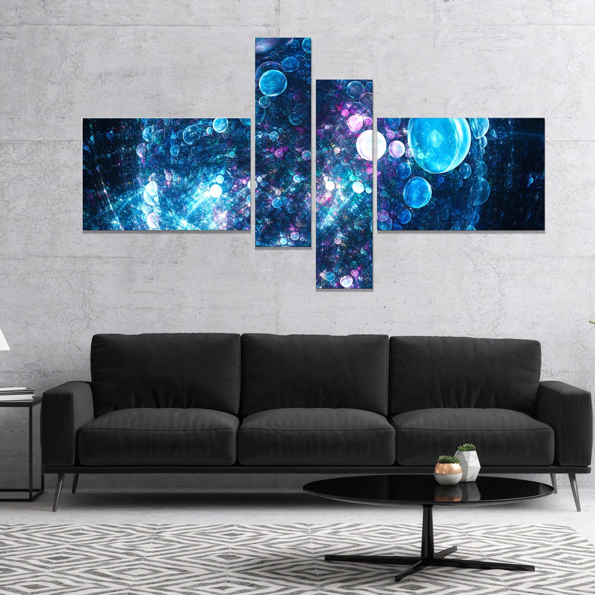 Blue Spherical Planet Bubbles Abstract Canvas Wall Art - 60x32 Inch 4-Panel Modern Home Decor for Living Room, Bedroom & Office | Ready-to-Hang Framed Print