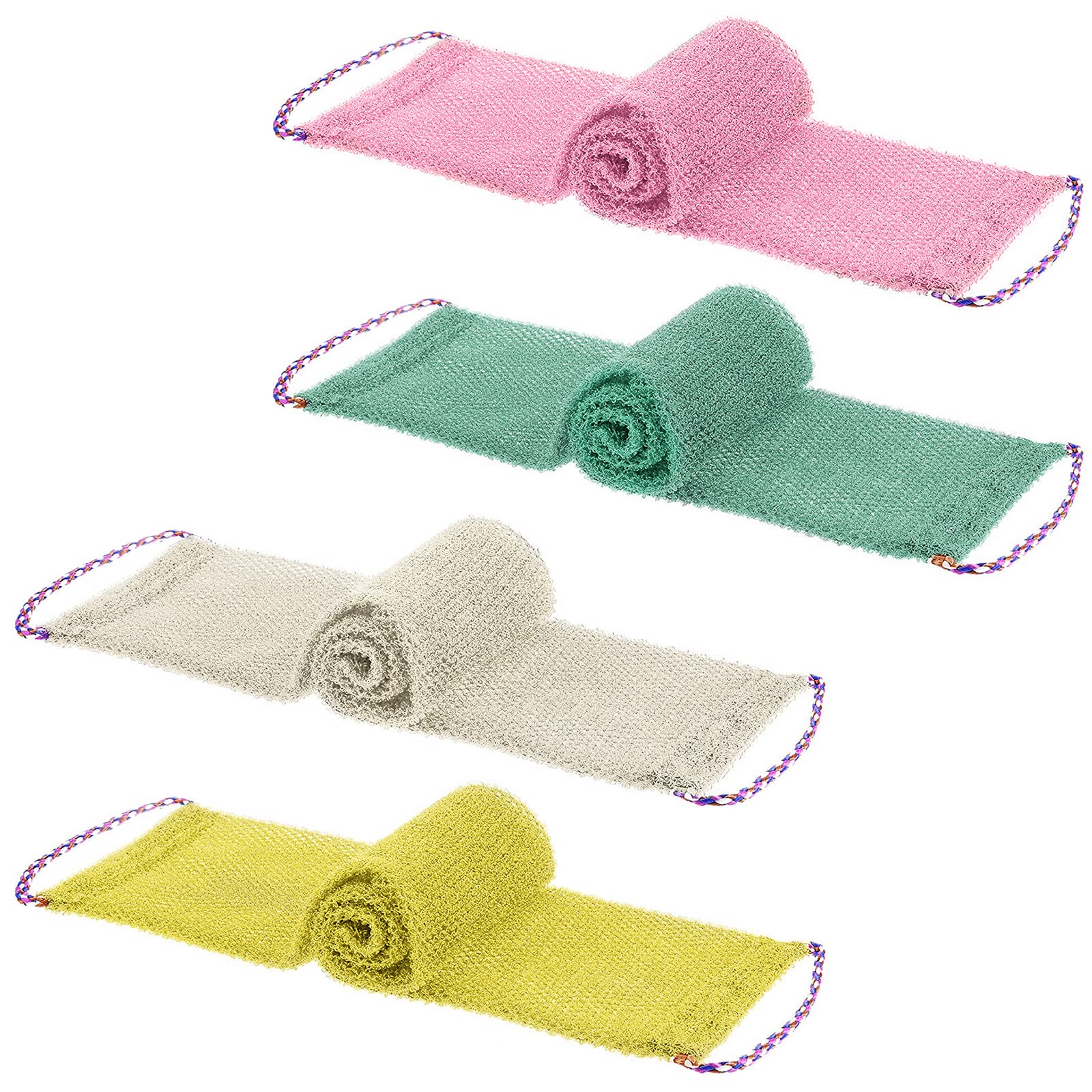 Linkidea 4 Pack African Exfoliating Net - Long Back Scrubber with Ropes for Deep Cleaning & Massage | Exfoliating Wash Towel for Shower, Spa & Body Care | Perfect for Sensitive Skin & Dead Skin Removal