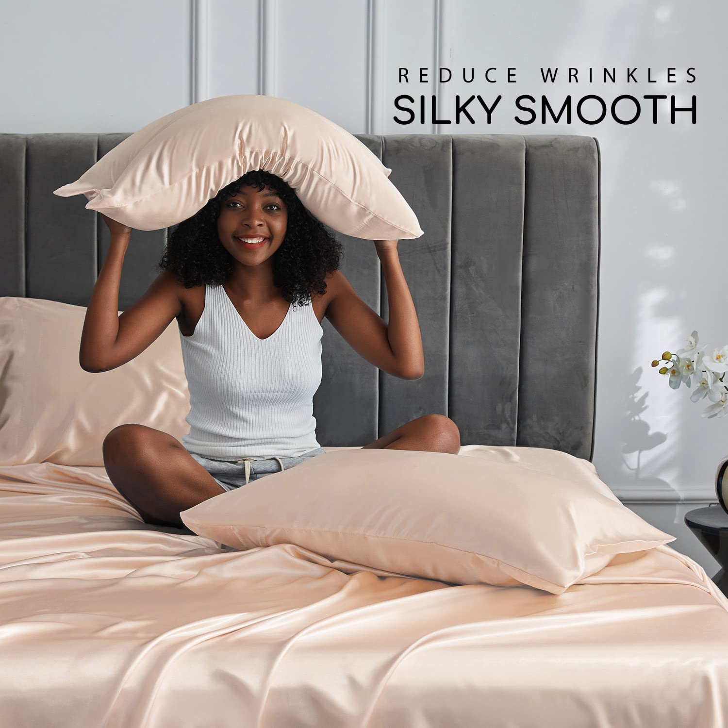 Luxury Satin Bed Sheets Set - King Size 6 Piece Silky Soft Bedding with 15