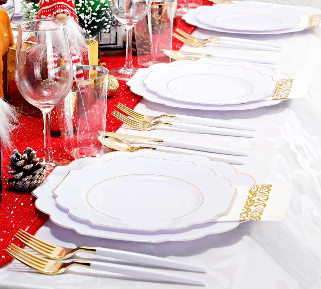 140-Piece Scalloped Gold Plastic Dinnerware Set - Heavy Duty White & Gold Square Plates, 40 Plates, 20 Cups, 20 Forks, 20 Knives, 20 Spoons, 20 Napkins - Elegant Disposable Tableware for Thanksgiving, Christmas, Parties & Special Events