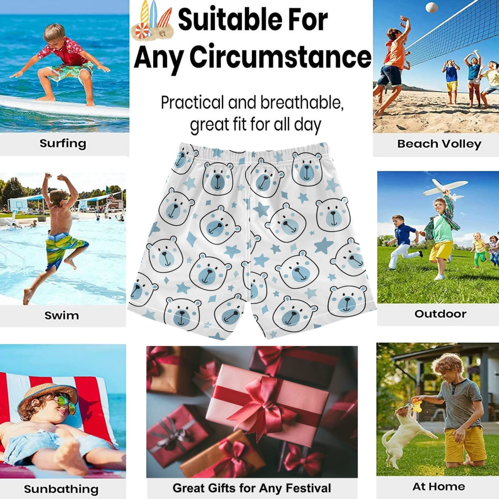 Visesunny White Bear Blue Star Cartoon Swim Trunks for Boys - Toddler & Kids Bathing Suits | Beach, Pool & Summer Water Play