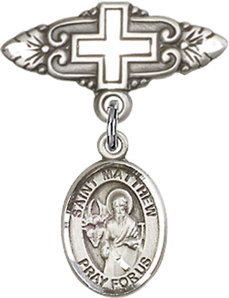 St. Matthew Apostle Sterling Silver Baby Badge Pin with Cross - Religious Jewelry for Christening, Baptism & First Communion Gifts