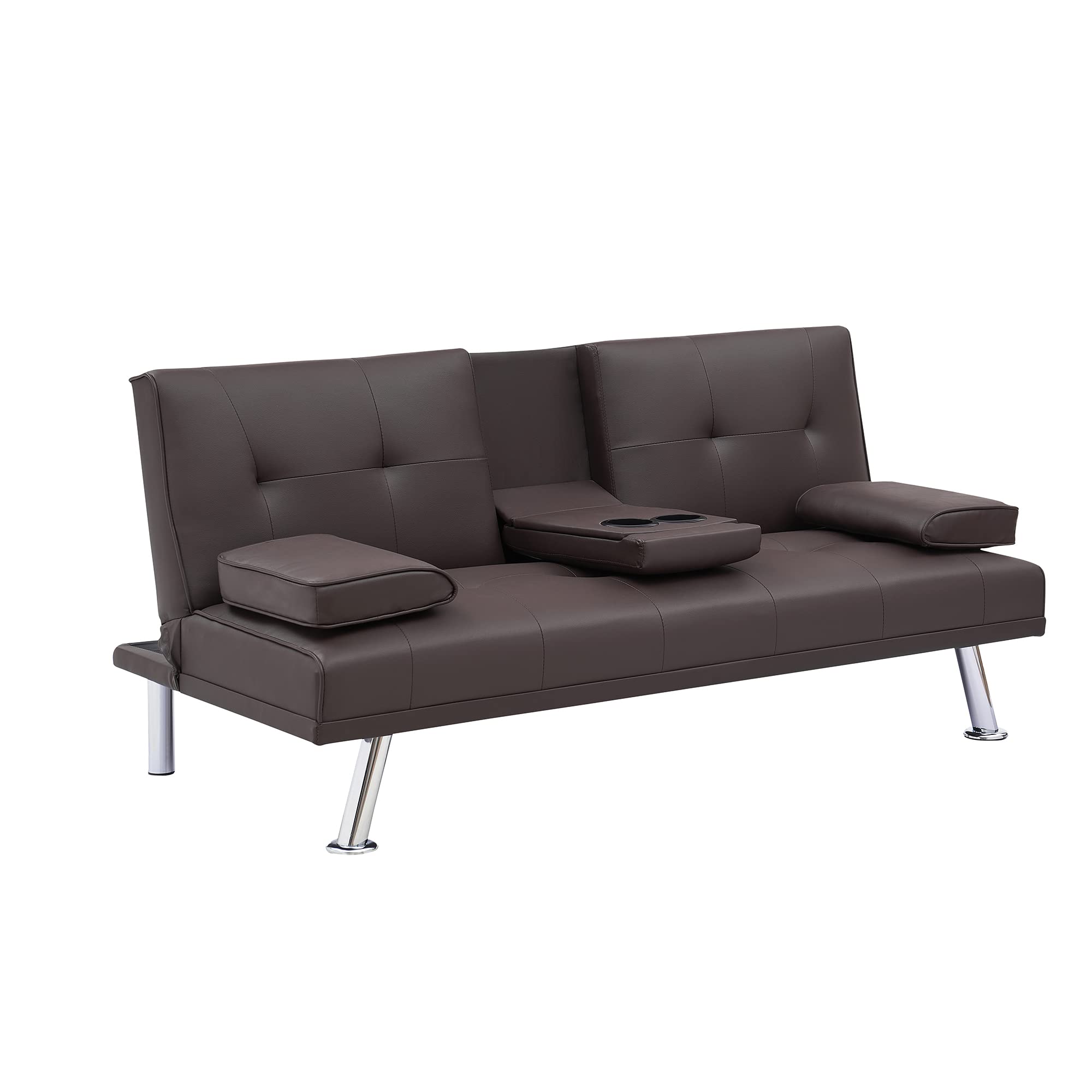 Modern Faux Leather Convertible Futon Sofa Bed - Foldable Sleeper Couch with Cup Holder for Small Spaces, Living Room, Apartment & Dorm - Bonus Room Furniture (Brown, 67