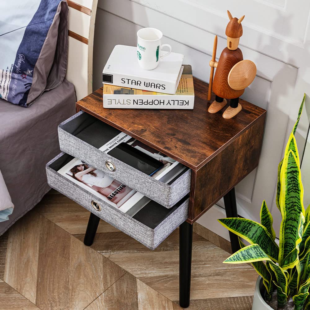 Mid Century Modern Nightstand Set of 2 - Industrial Bedside Table with Fabric Drawer for Bedroom & Living Room - Easy to Assemble Brown End Tables - Perfect for Small Spaces, Apartment Furniture & Guest Room Decor