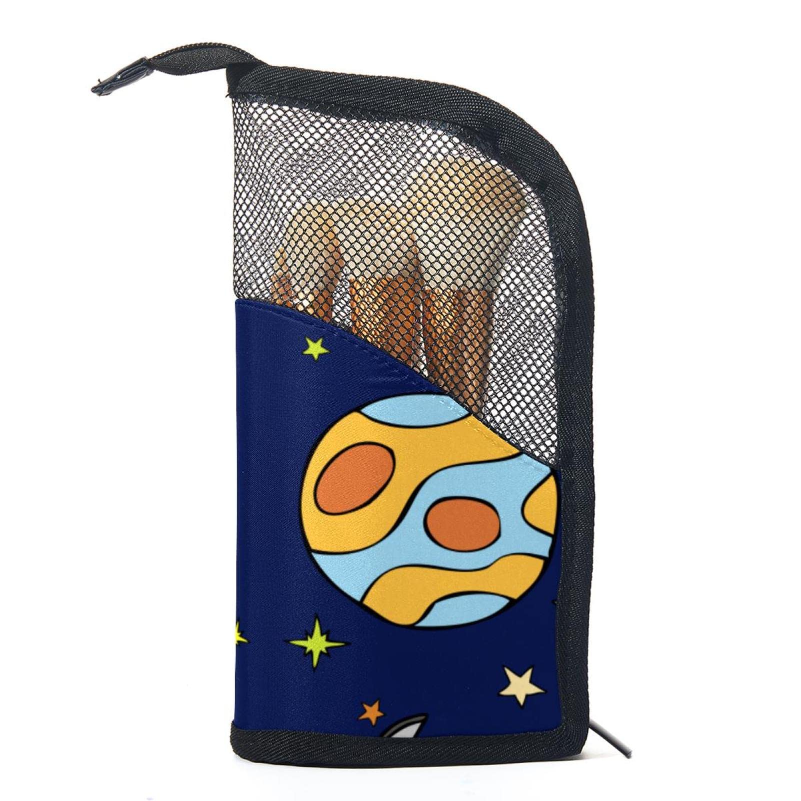 12-Piece Makeup Brush Organizer Bag with Space Stars Design - Portable Cosmetic Brush Holder Case for Travel & Home Storage (Planet, Rockets, Sun Pattern) - Perfect for Makeup Artists & Beauty Enthusiasts