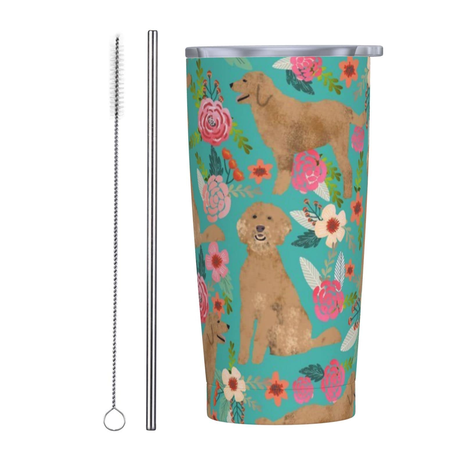 SWEET TANG 20oz Spill Proof Vacuum Insulated Stainless Steel Coffee Tumbler with Straw - Floral Dog Doodle Design, Reusable Travel Mug for Hot & Cold Drinks - Perfect Gift for Men & Women, Ideal for Office, Commute, and Outdoor Activities