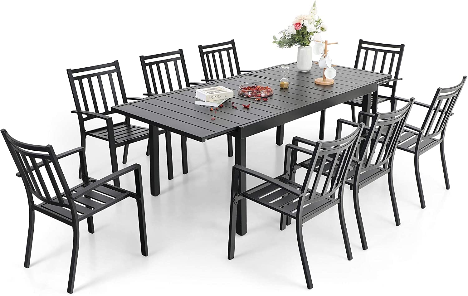 Sophia & William 9-Piece Outdoor Dining Set with 8 Metal Chairs & 1 Expandable Rectangle Table - Modern Patio Furniture for Poolside, Porch, Backyard | Perfect for Outdoor Entertaining, BBQs, and Family Gatherings