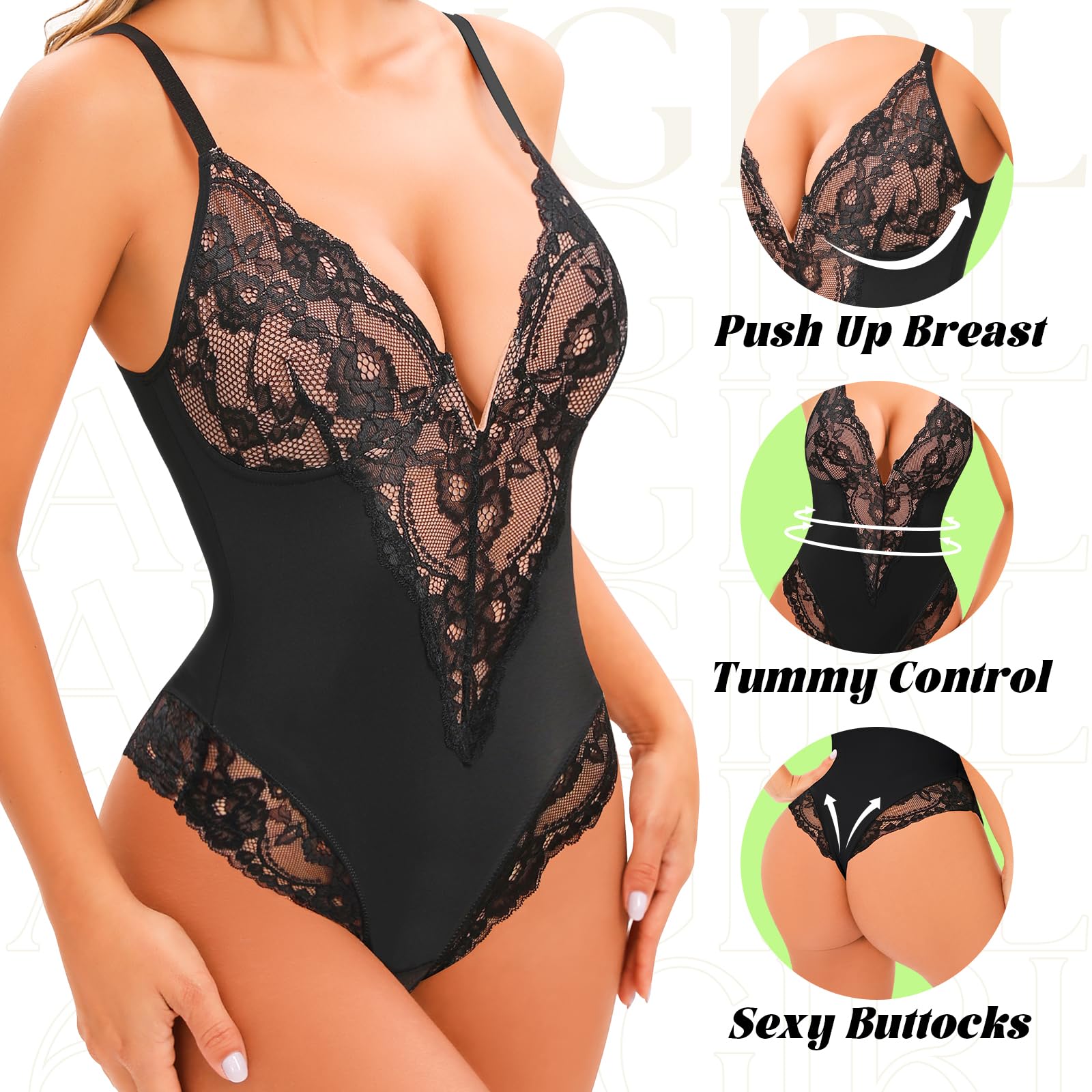 Anygirl Women's Lace Shapewear Bodysuit - Tummy Control Full Body Shaper with V-Neck Design for Sculpting & Slimming | Perfect for Everyday Wear, Special Occasions & Layering Under Clothes