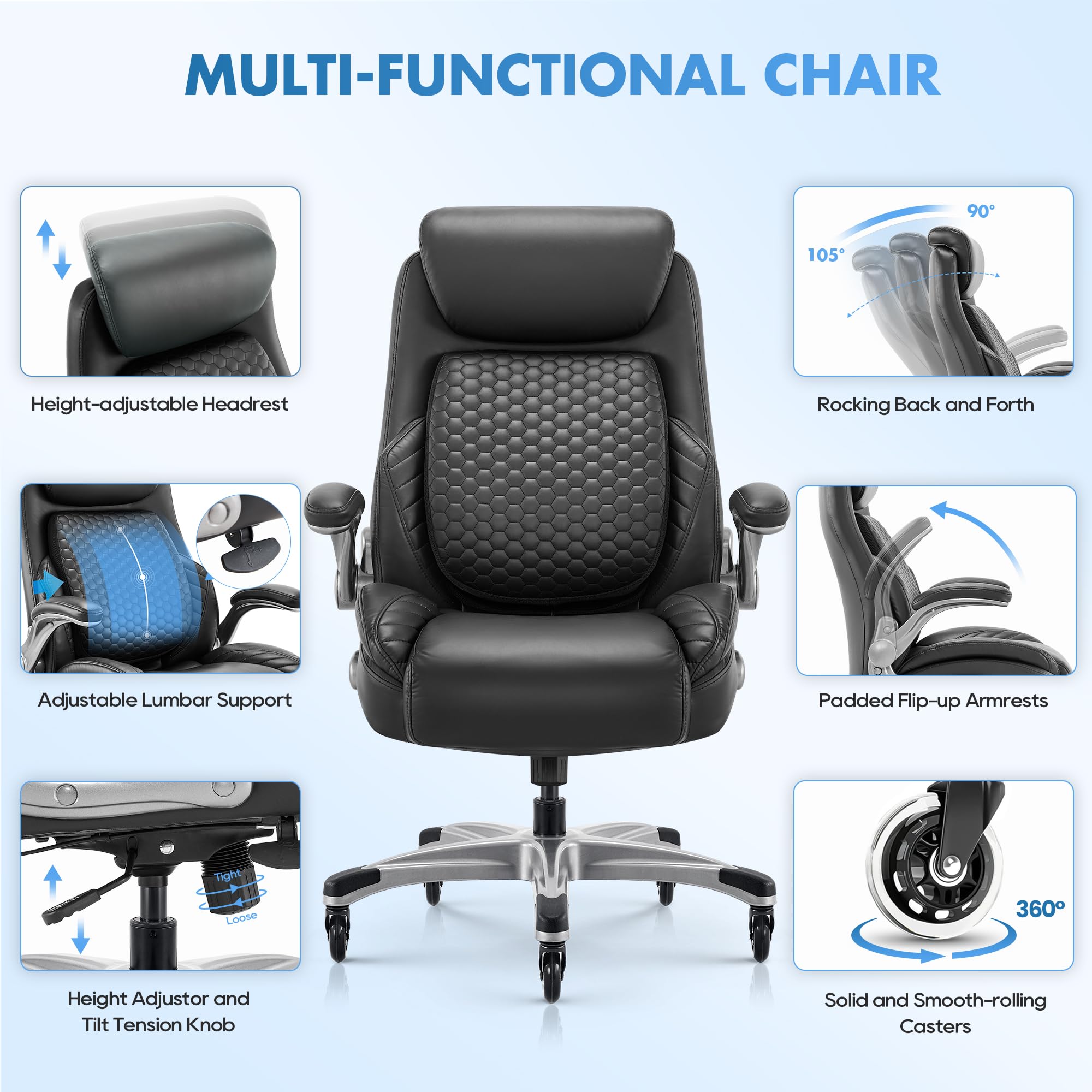Premium Ergonomic Office Chair with Lumbar Support - High Back Executive Desk Chair with Adjustable Headrest, Flip-Up Arms & Upgraded Casters - Thick Cushioned Leather Chair for Home & Office Comfort (Black) - Perfect for Long Work Hours & Gaming Sessions