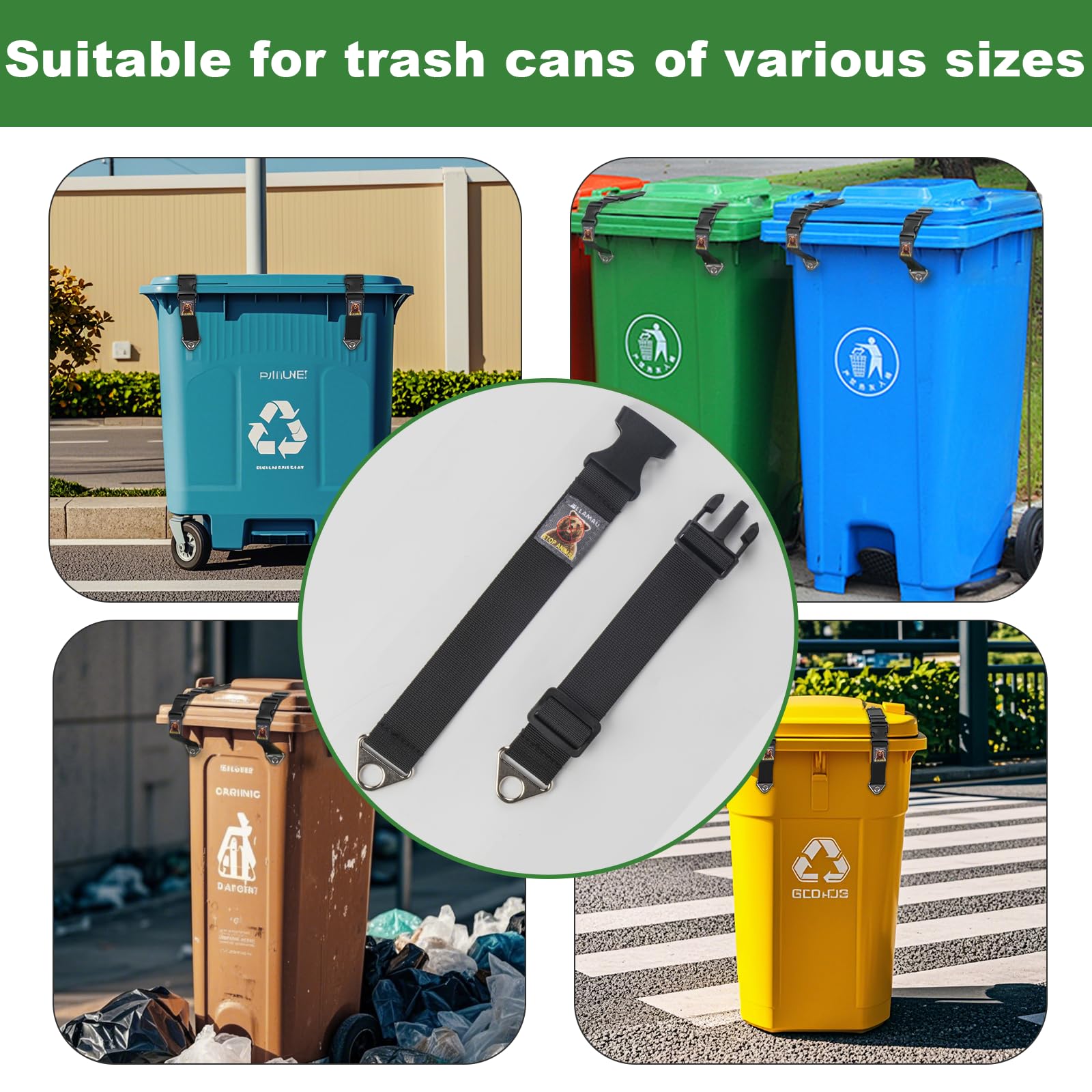 Bear Proof Trash Can Locks - Durable Adjustable Animal Proof Garbage Bin Lid Lock with Stretchable Elastic Strap (2 Pack) - Keep Raccoons & Pets Out of Outdoor/Indoor Trash Cans