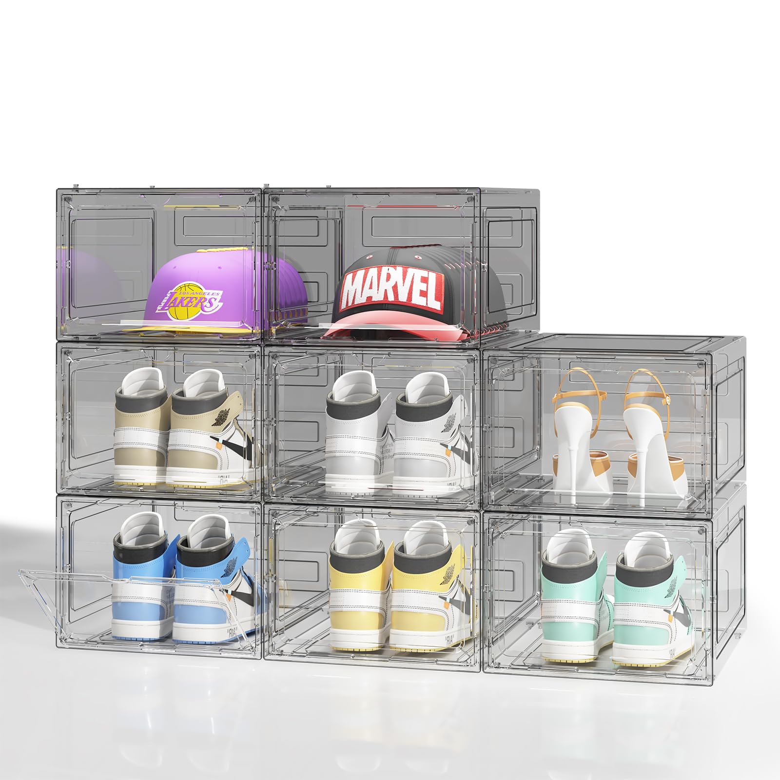**Upgraded Thickened Clear Plastic Shoe Storage Boxes - 8 Pack Stackable Shoe Organizer with Magnetic Drop Front Door | Sturdy & Large for US Size 14 | Perfect for Closet, Entryway, or Shoe Display Case**