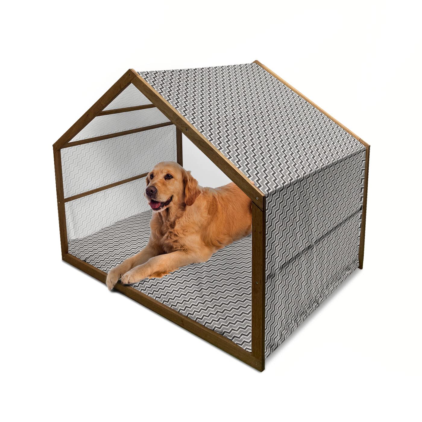 Lunarable Abstract Wooden Dog House - Modern Geometric Monochrome Pattern with Zigzags & Stripes - Indoor/Outdoor Portable Pet Kennel with Pillow & Cover - 2X-Large Charcoal Grey Eggshell - Perfect for Backyard, Patio or Living Room Pet Shelter