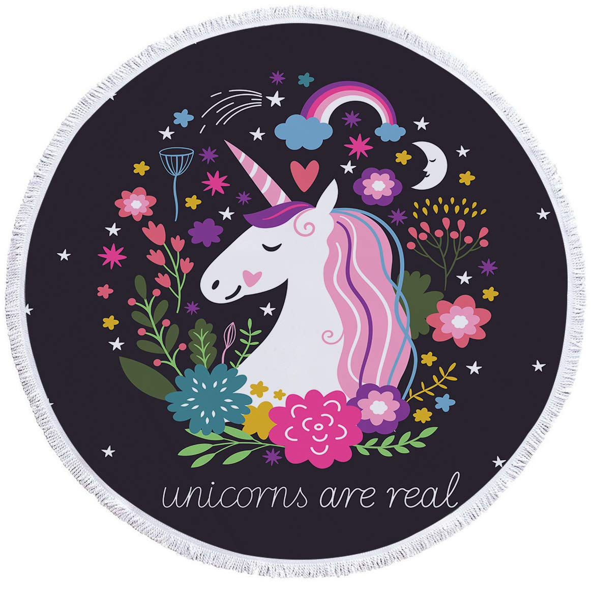 Sleepwish Unicorn Beach Towel - Soft Round Beach Blanket with Fairy & Floral Design for Girls, Black & Pink - Perfect for Pool, Beach, Picnics & Outdoor Adventures