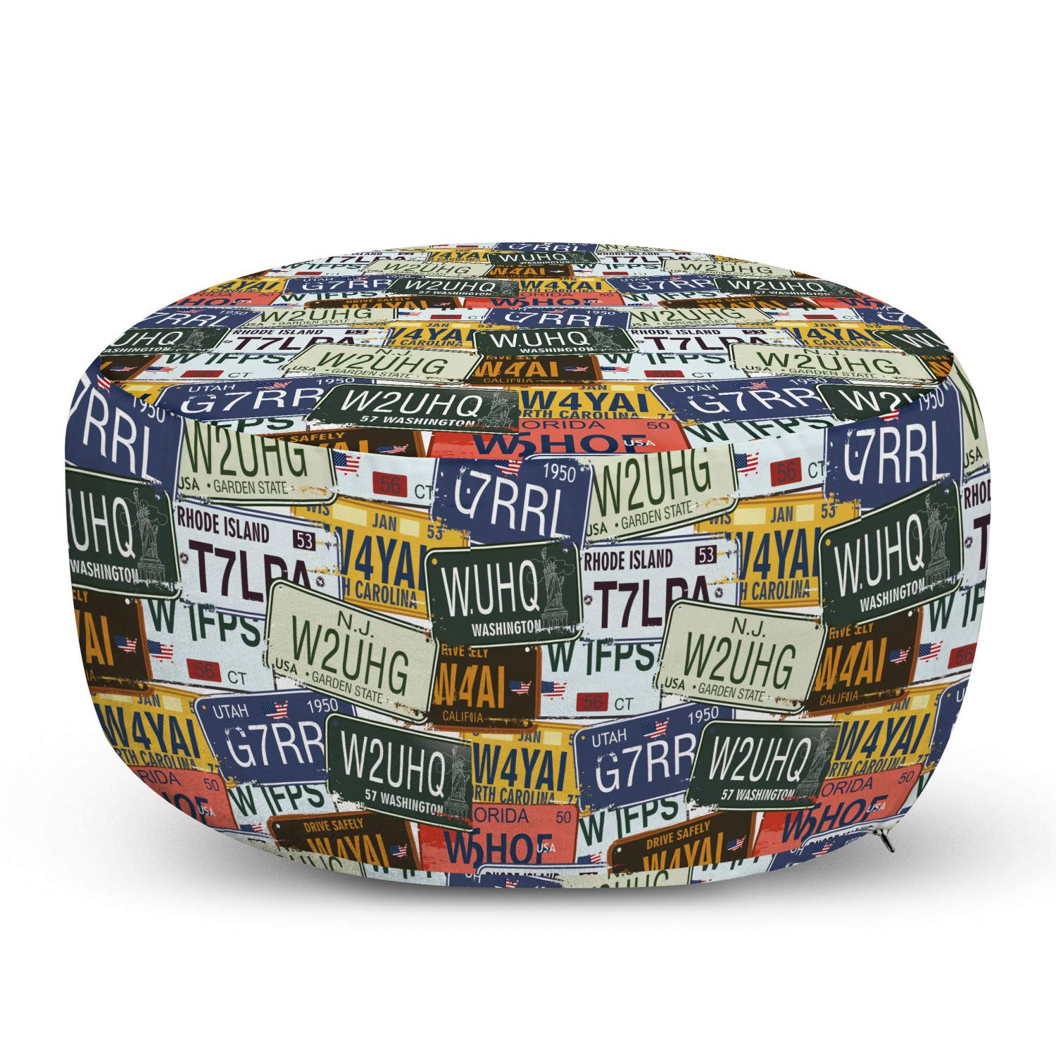 Ambesonne Vintage Ottoman Pouf - Retro Style License Plate Design Footrest with Removable Cover - Green Blue Yellow Decorative Accent for Living Room & Bedroom - Perfect for Travel Lovers & Home Decor