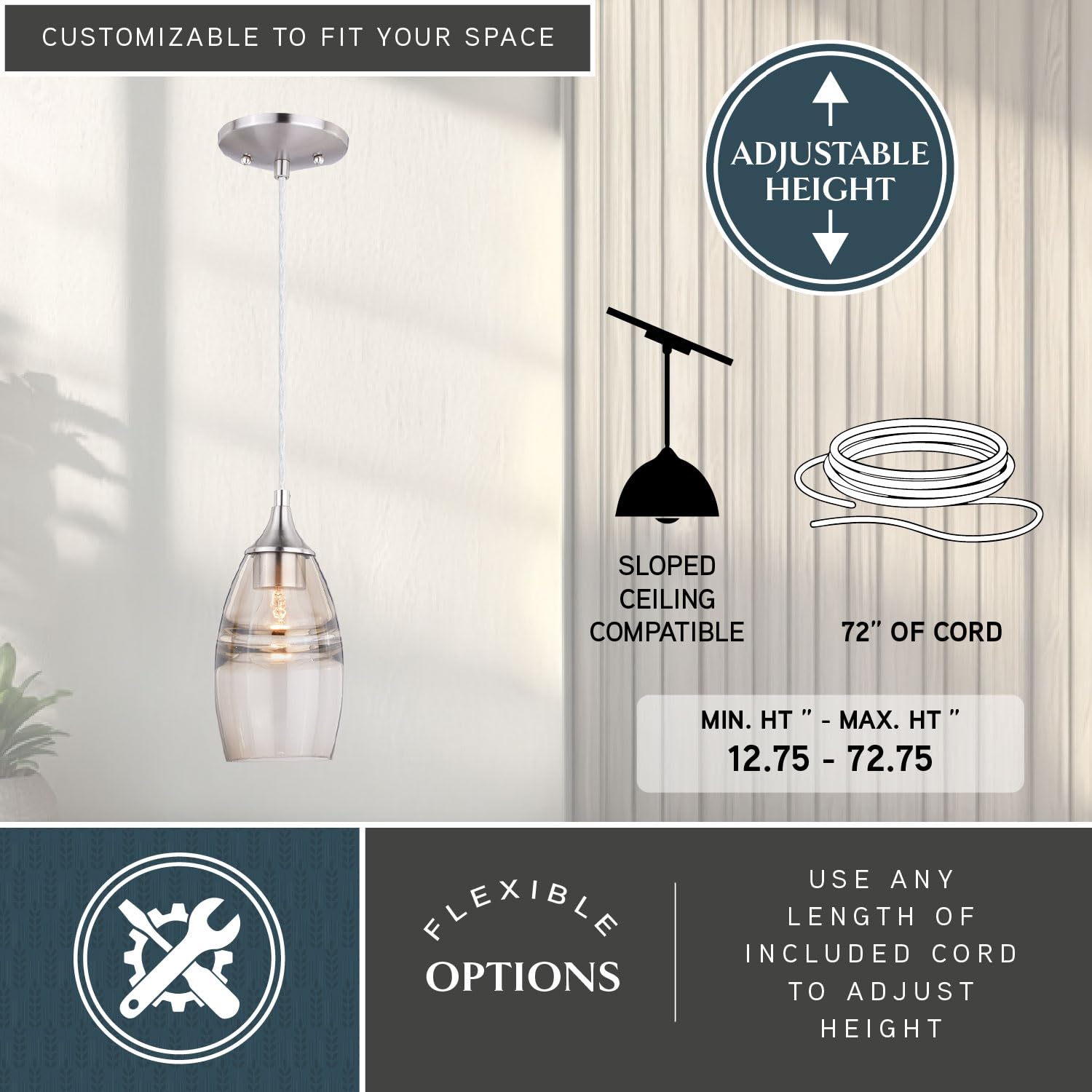 VAXCEL Milano Satin Nickel Mini Pendant Ceiling Light with Amber Fog Glass Shade - Modern Dining Room, Kitchen Island & Bedroom Lighting Fixture