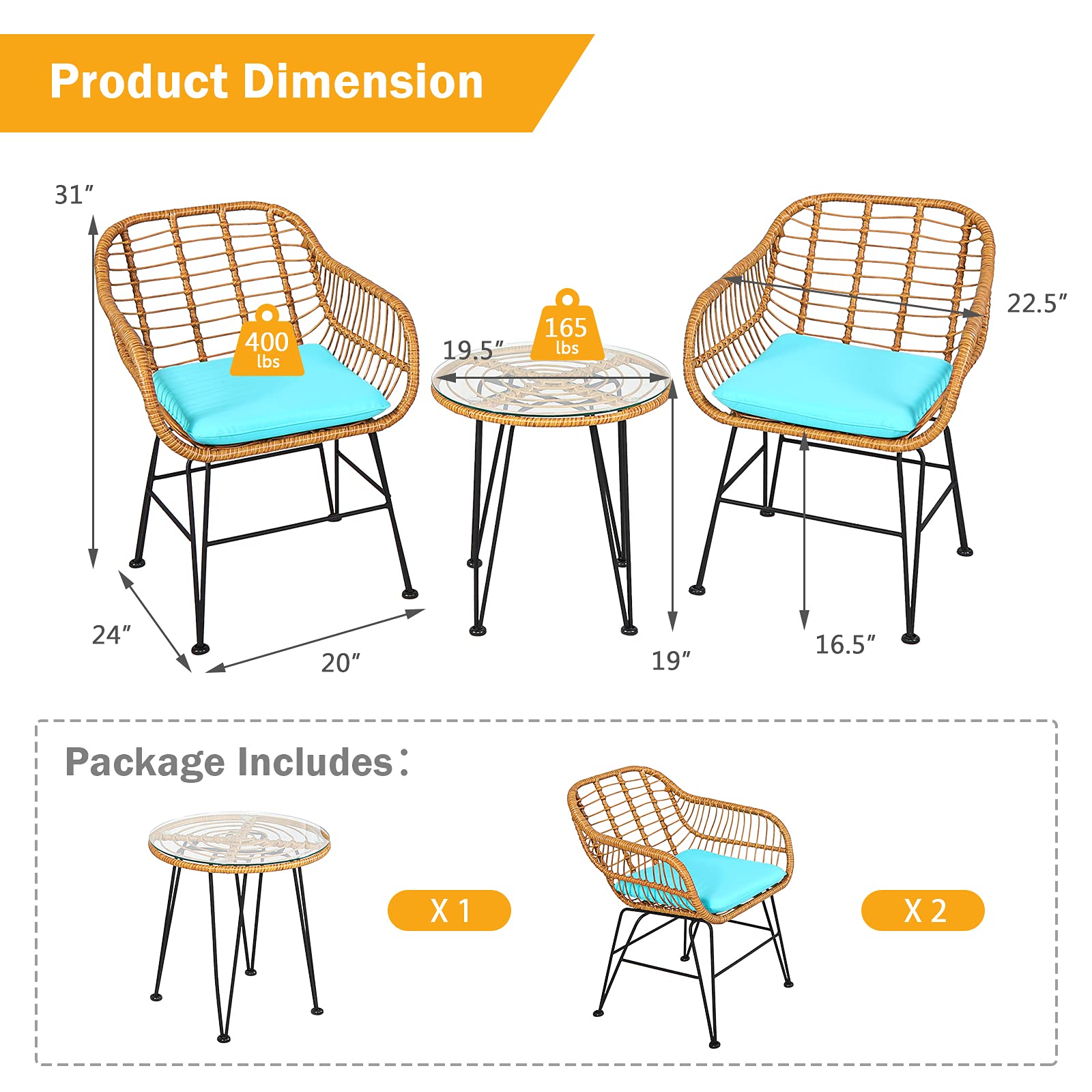 HAPPYGRILL 3-Piece Rattan Bistro Set with Steel Frame Round Coffee Table & Soft Cushions - Outdoor Patio Furniture for Garden, Balcony, or Backyard Relaxation