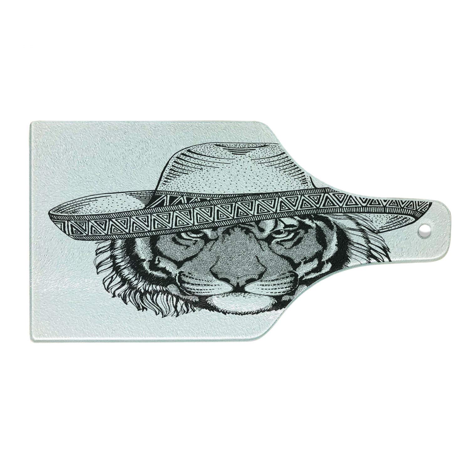 Ambesonne Cinco de Mayo Tempered Glass Cutting Board - Vintage Engraved Tiger Head Design with Mexican Fiesta Hat - Charcoal Grey & White Wine Bottle Shaped Serving Board for Kitchen, Party Decor & Entertaining