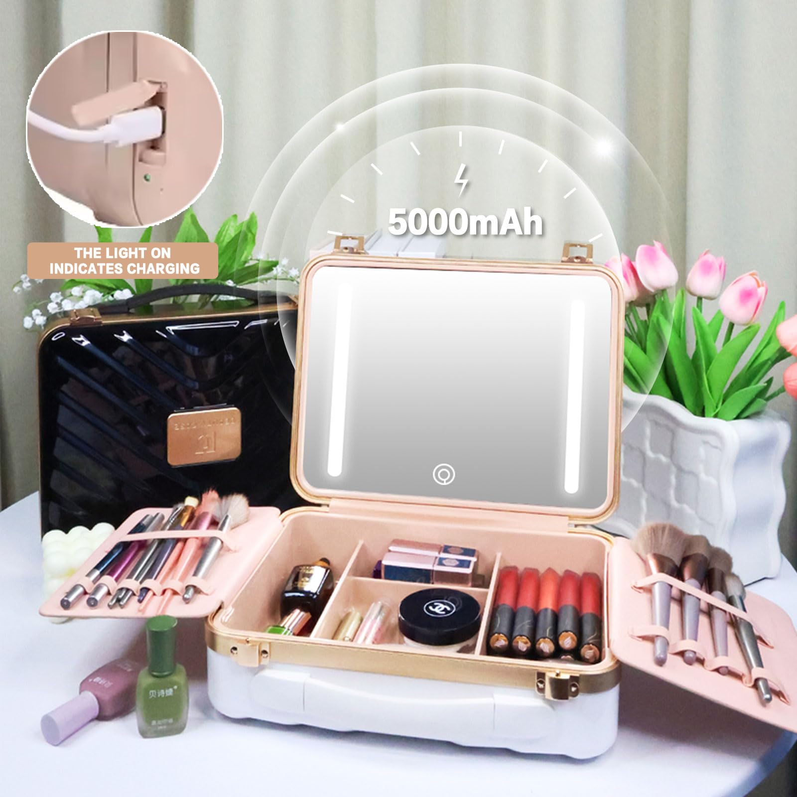 Napfox Professional Makeup Case with LED Lighted Mirror - Portable Travel Cosmetic Organizer for Makeup Artists, Hairstylists & Beauty Enthusiasts - Perfect for Travel, Salon & Home Use - White