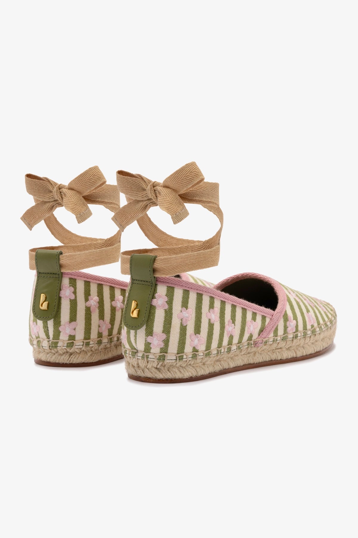 Letizia Women's Espadrille Flats - Seaweed & Natural Striped Fabric with Daisy Embroidery | Comfortable Summer Shoes for Beach, Vacation & Casual Outings