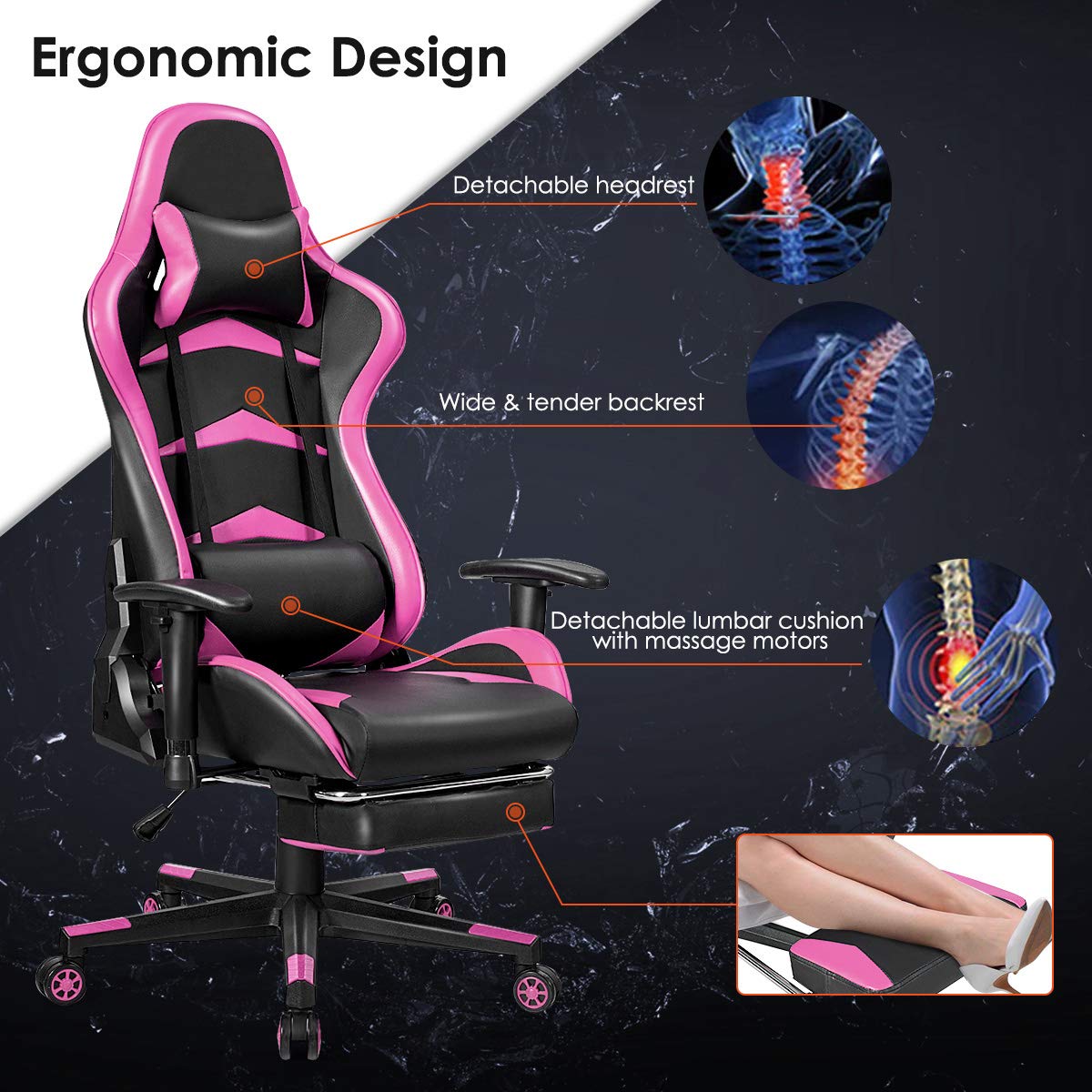 GOFLAME Ergonomic Gaming Chair - Racing Style High Back Office Chair with Adjustable Lumbar Support, Headrest, Footrest & Massage Function | Perfect for PC Gaming, Home Office & Esports Setup