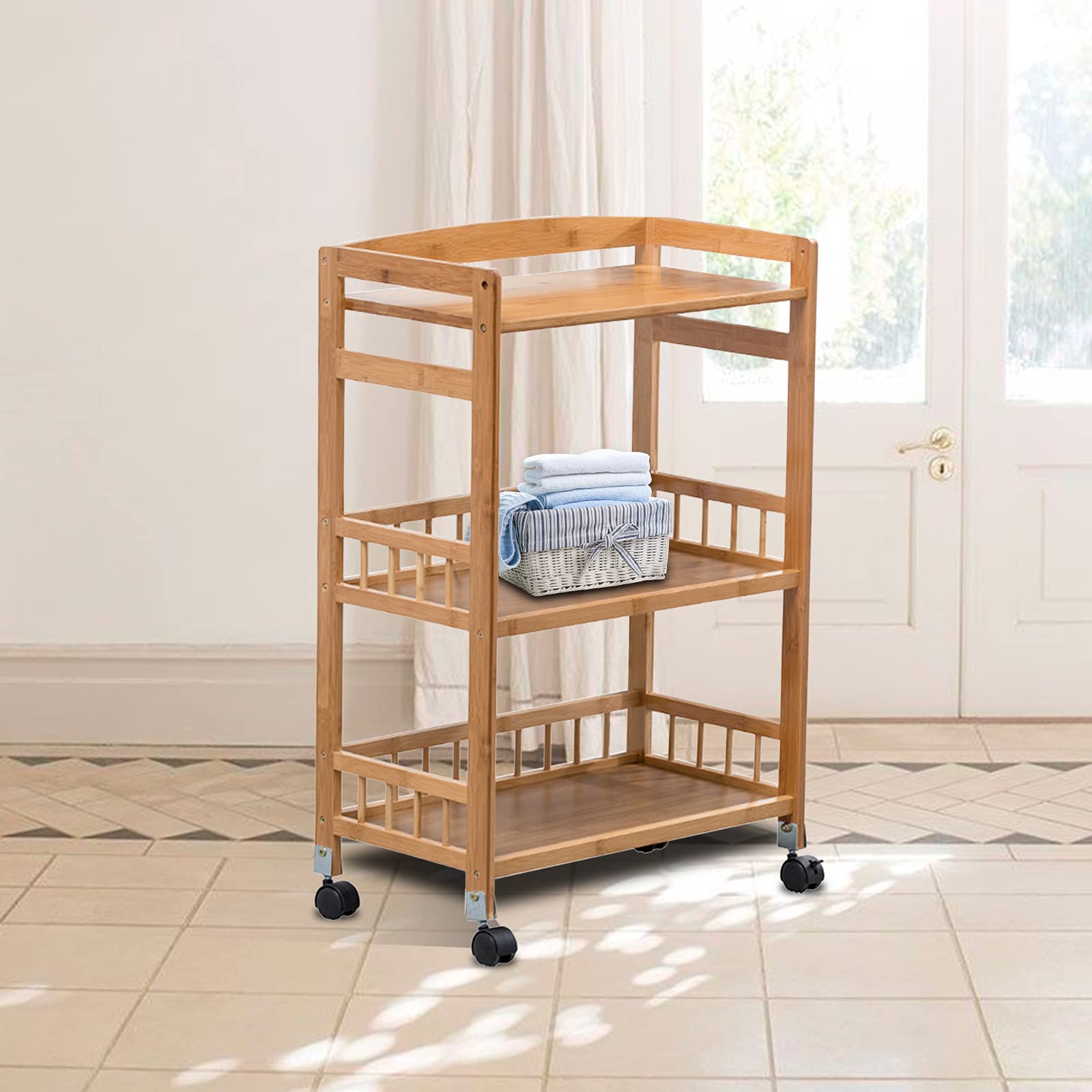 DYRABREST 3-Tier Rolling Kitchen Cart with 4 Wheels - Wooden Storage Shelves & Basket - Mobile Bar Cart for Kitchen, Dining Room, or Party (20.8 x 11.8 x 31.4 Inches) - Perfect for Serving Food, Drinks, or Organizing Spices & Liquor Bottles