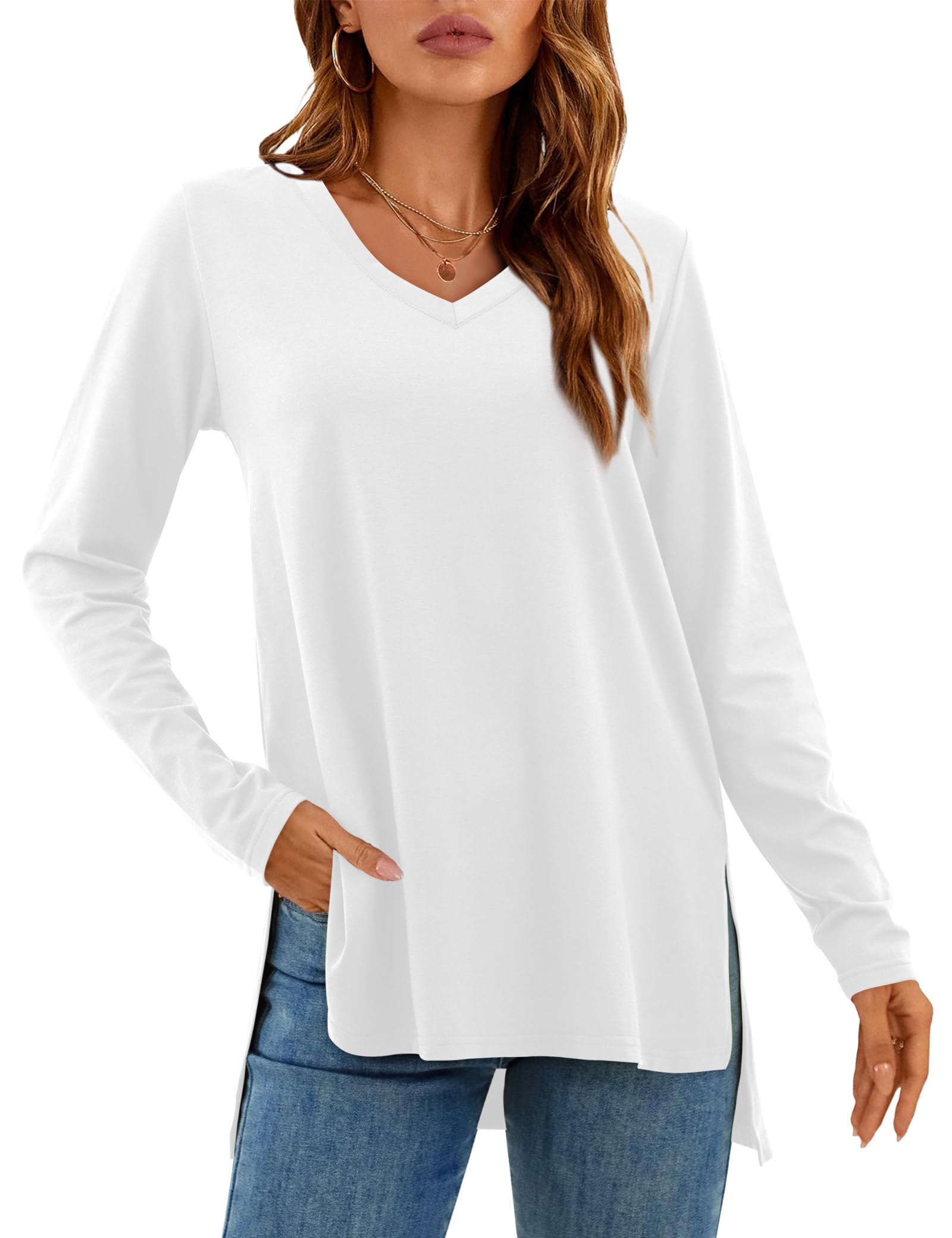 DittyandVibe Women's Long Sleeve V-Neck T-Shirt | Soft Cotton Fall Tunic Top for Leggings | Casual Outfit & Layering Essential
